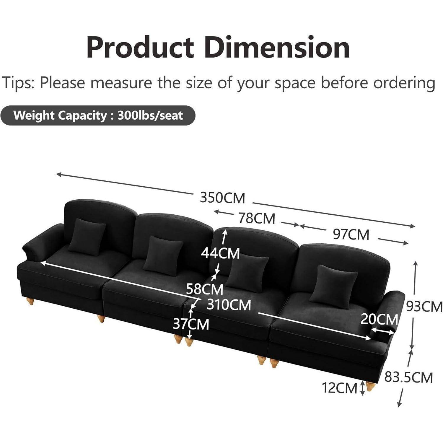 Produktdimensionsdiagramm eines schwarzen Ecksofa: 350 cm lang, 93 cm hoch, 97 cm tief, mit Sitzhöhe 37 cm und Tragfähigkeit 300 lbs/Sitz.