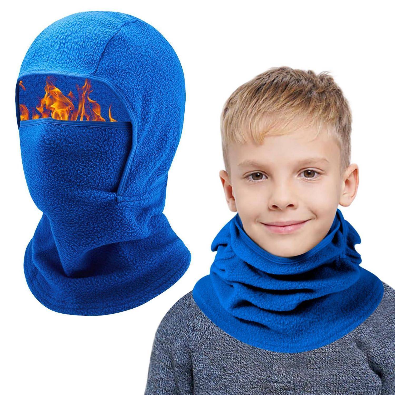 Junge, der ein blaues flammenhemmendes Sturmhaube und Nacken-Gaiter trägt, dargestellt mit einem Flammen-Grafikum auf der Gesichtsöffnung.