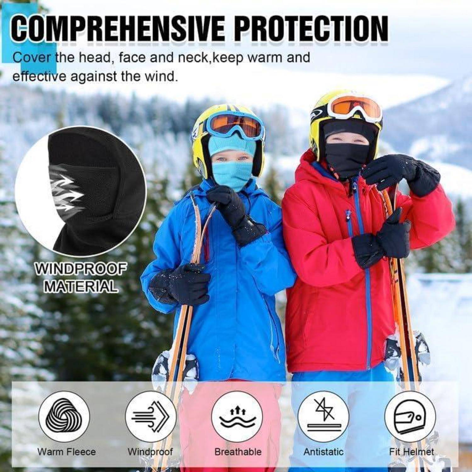 Werbebild von zwei Skifahrern in Winterkleidung, mit Text für „umfassenden Schutz" und Features: warmes Fleece, winddicht, atmungsaktiv, antistatisch und Helmpassform.