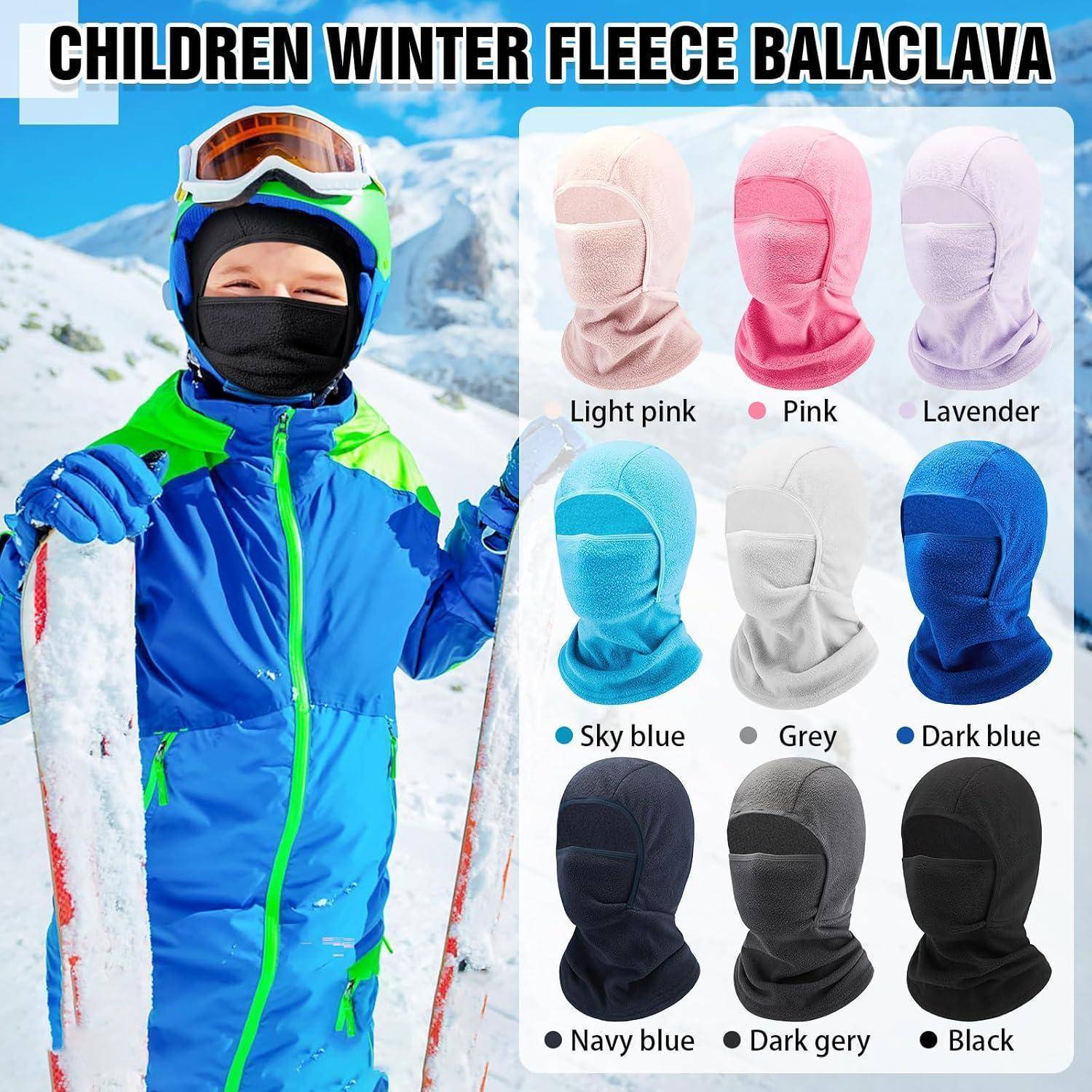Werbung für Kinder-Winter-Fleece-Sturmhaube, zeigt ein Kind in Skiausrüstung und verfügbare Farben: Hellrosa, Rosa, Lavendel, Himmelblau, Grau, Dunkelblau, Marineblau, Dunkelgrau und Schwarz.