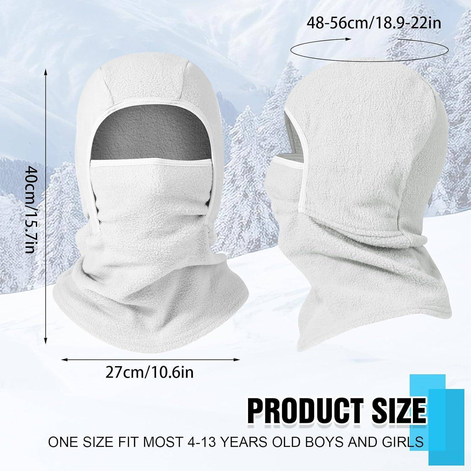 Größentabelle für Produkte mit einer weißen Winter-Sturmhaube für Kinder, mit Abmessungen von 40 cm Höhe, 27 cm Breite und 48-56 cm Kopfumfang; eine Größe passt für die meisten Altersgruppen von 4-13 Jahren.
