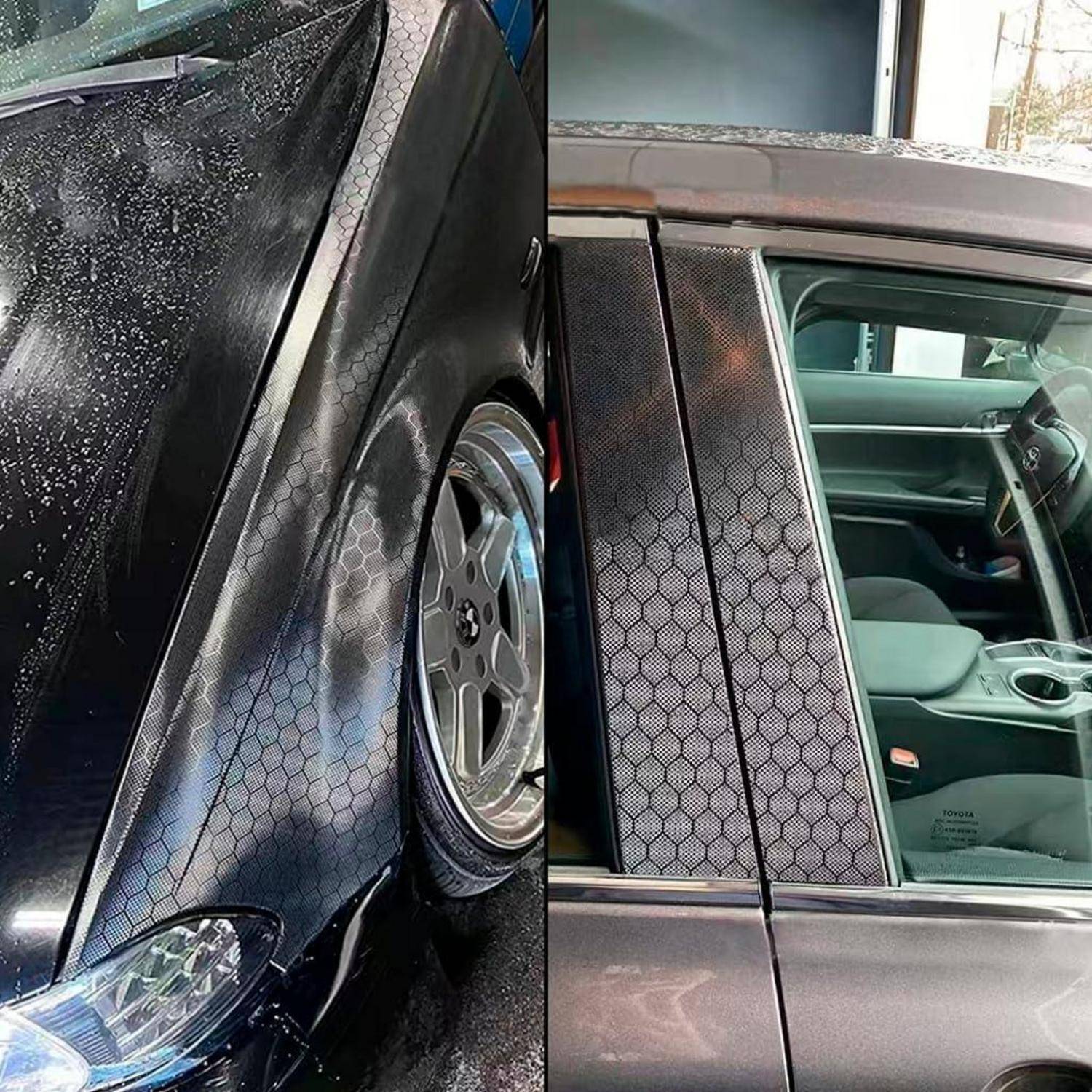Nahaufnahme eines Autos mit extrem breiten Hinterrädern und maßgeschneidertem Hexagon-Muster-Vinyl auf der hinteren Kotflügel und den Türen, das eine modifizierte Fahrposition zeigt.