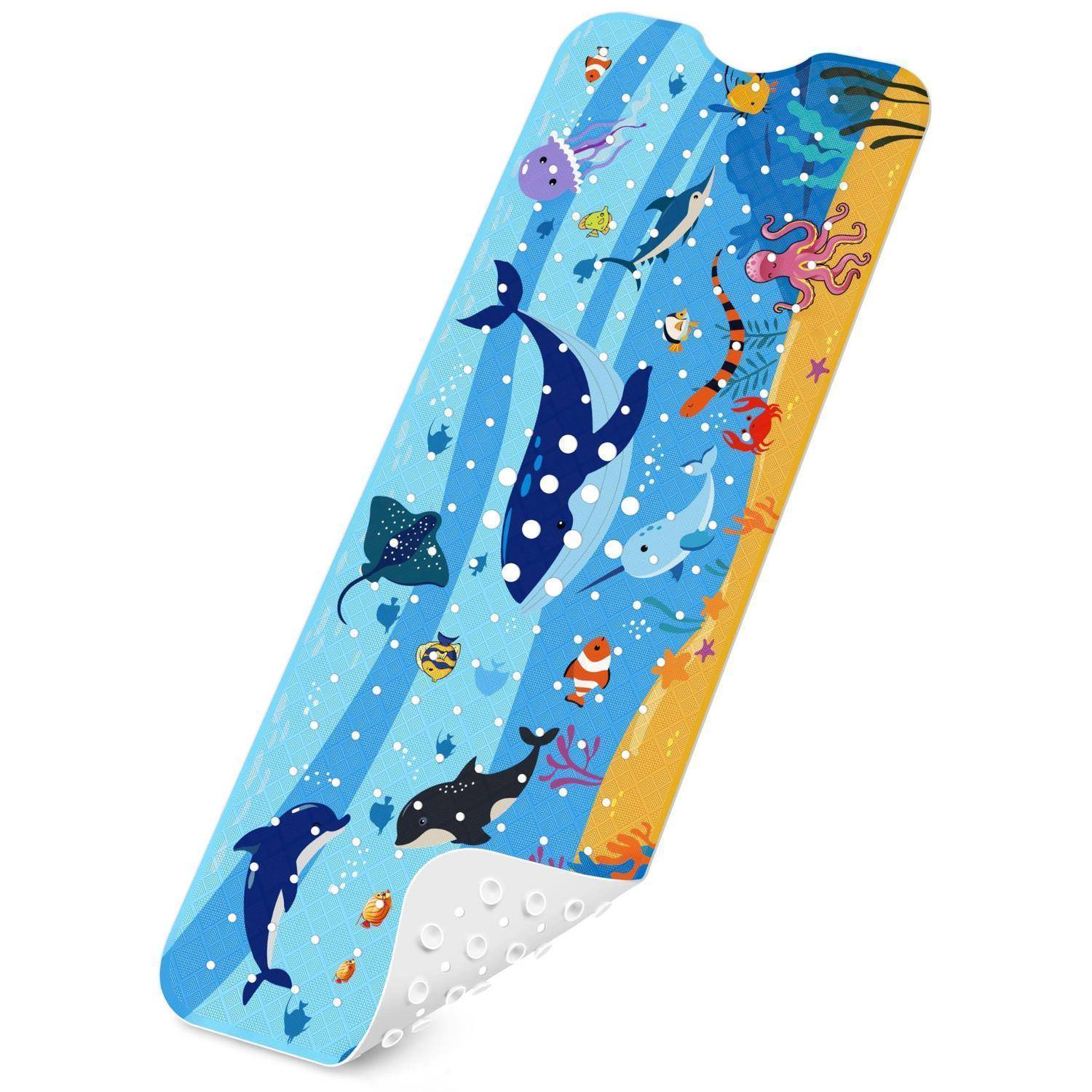 Illustriertes Wal-Design Wasserfestes Pflaster mit Meerestieren, einschließlich eines Wals, Delfins, Oktopus, Fisches und einer Schildkröte auf blauem Hintergrund.