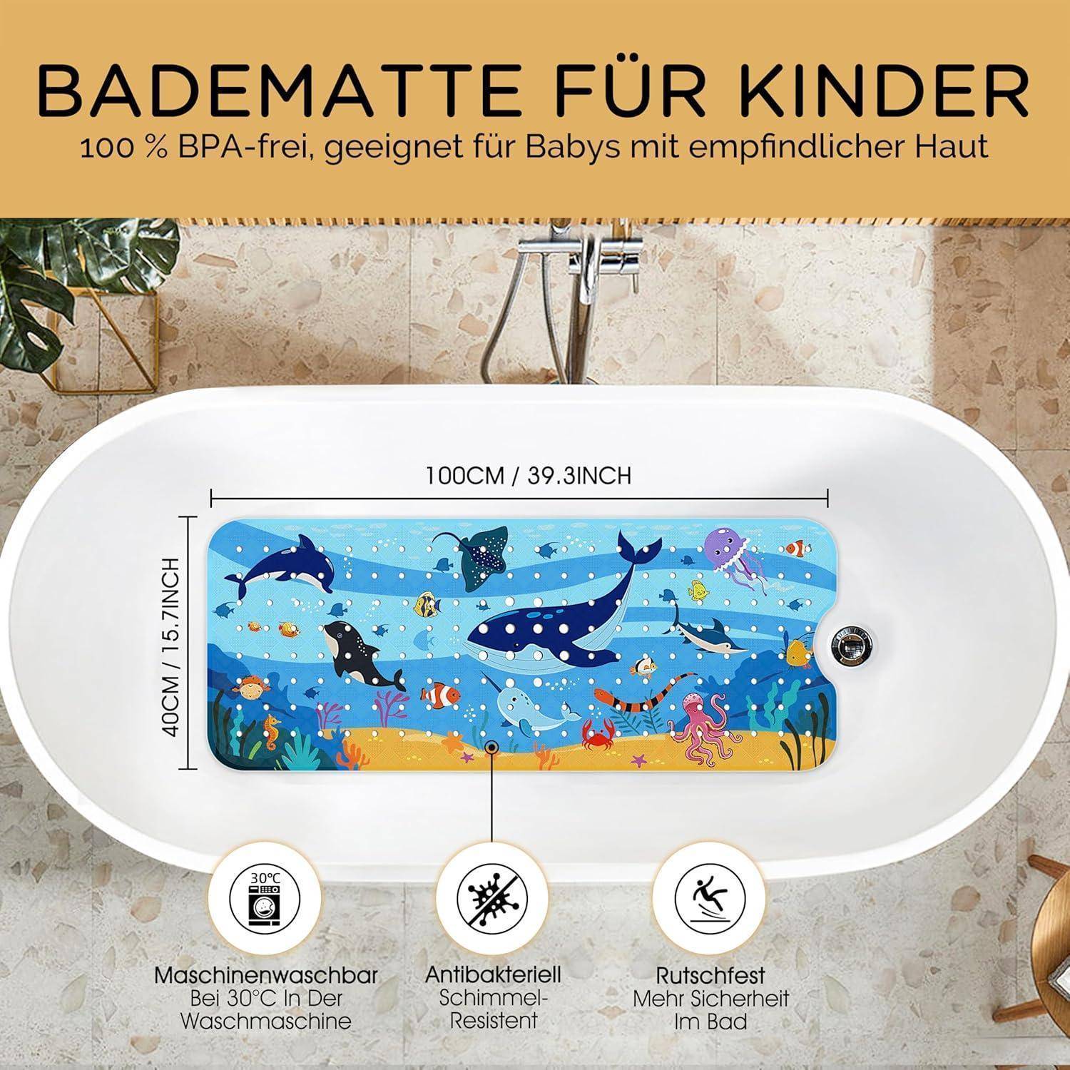 Werbebild einer rutschfesten Badematte für Kinder, 100 cm x 40 cm, mit Meerestieren; der Text vermerkt BPA-frei, maschinenwaschbar, antibakteriell und schimmelresistent.