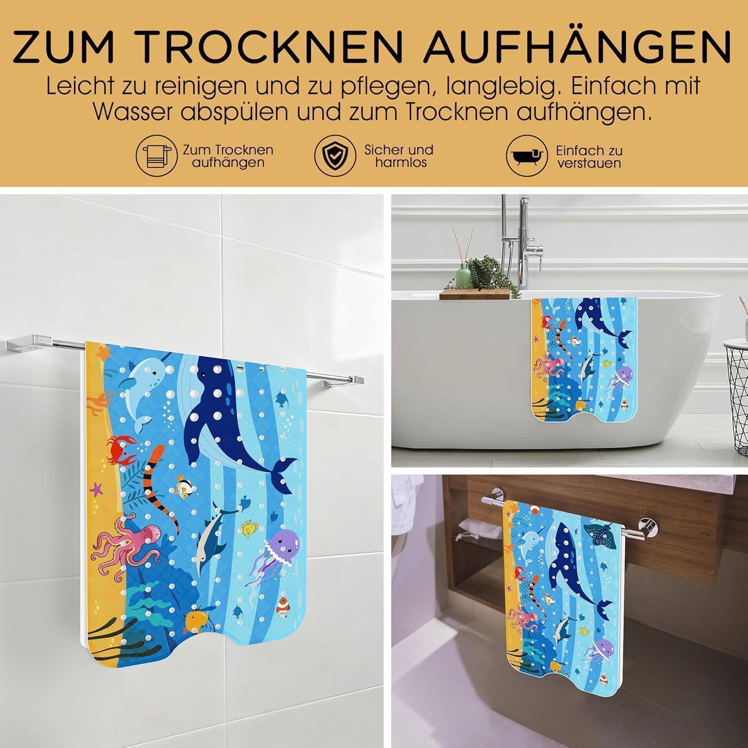 Werbegrafik mit einer farbenfrohen, ozeanmotivierten Matte, die zum Trocknen im Badezimmer aufgehängt ist, mit Icons mit den Aufschriften „Zum Trocknen aufhängen
