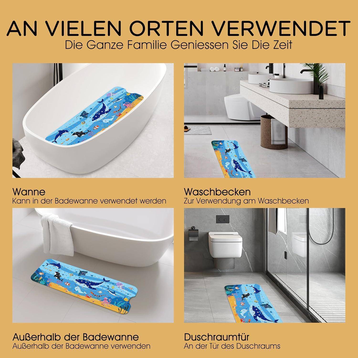 Badewannenmatten rutschfest Kinder，100% BPA frei,100x40cm，Antirutschmatte für Badewanne，Duschmatte,schimmelresistent & maschinenwaschbar,Badema