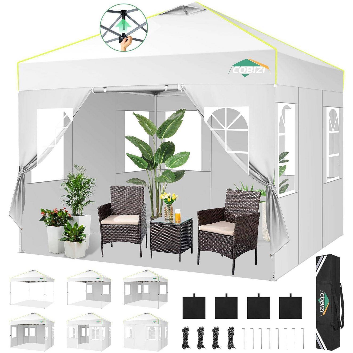 Produktbild eines grauen Außenpavillons mit Vorhängen, Fenstern und Gartenmöbeln; Ausschnitt zeigt Montage und enthaltene Teile.