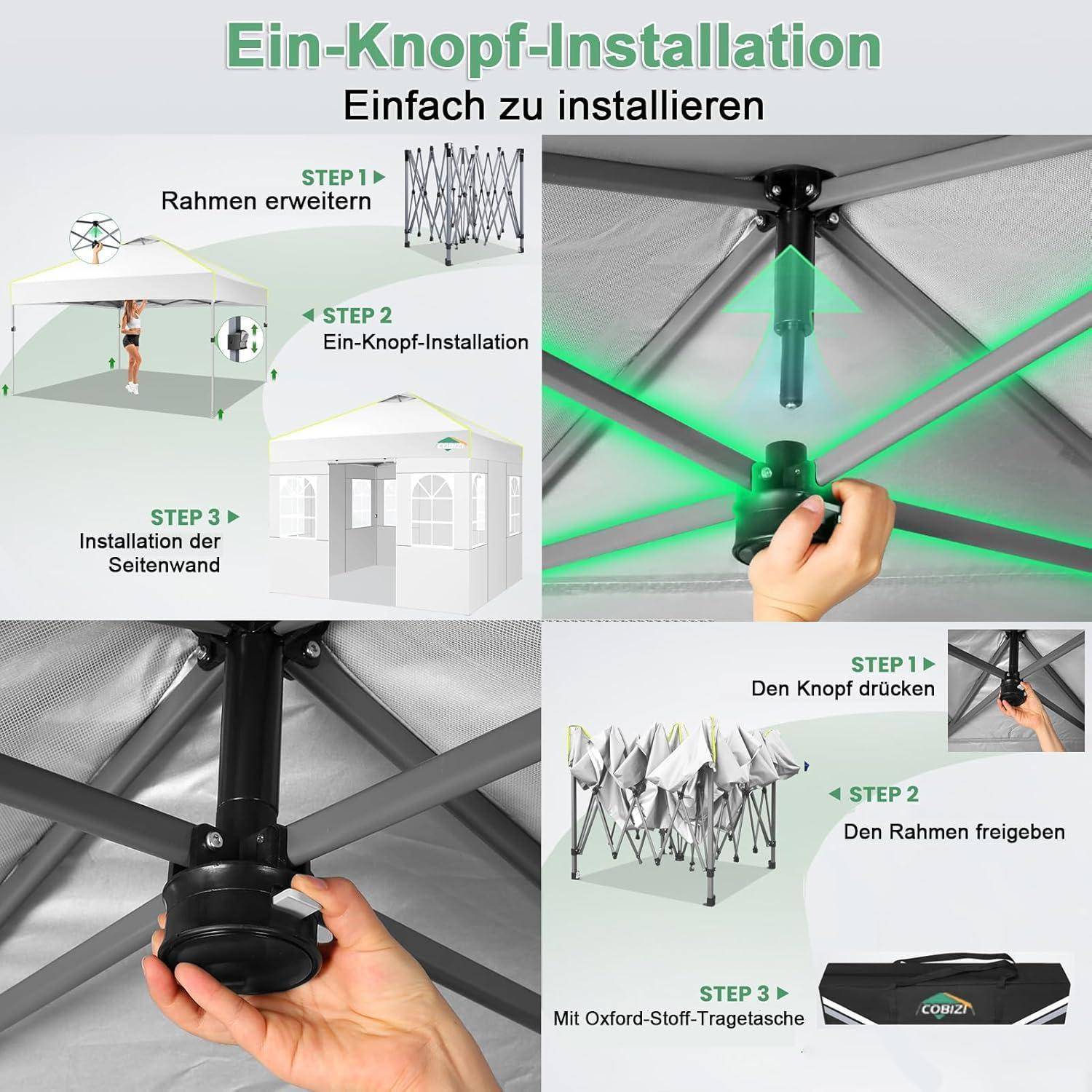 COBIZI Pavillon 3x3 Faltpavillon wasserdicht Winterfest, EIN-Tasten-Zentralverriegelung Partyzelt Faltbar Anti-UV mit Fluoreszierenden Streifen,