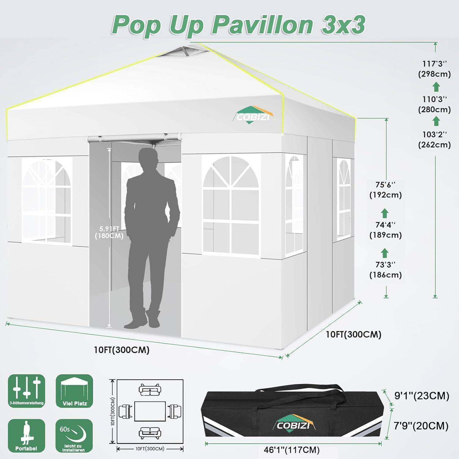 Illustriertes Produktdiagramm eines 10 x 10 ft Pop-up-Pavillonzelts mit Türöffnung, Fenstern und Tragetasche, beschriftet mit Höhen- und Breitenmessungen.