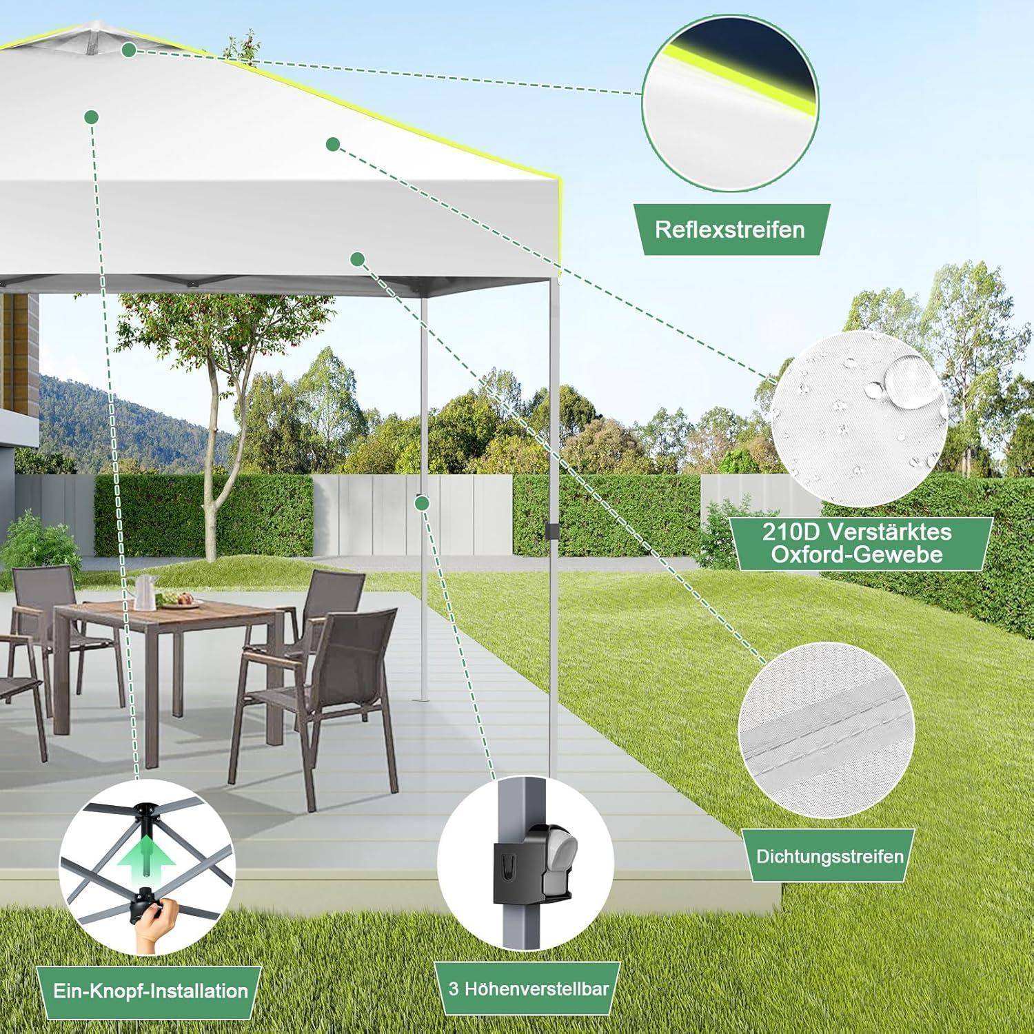 Outdoor-Terrassenzelt mit beschrifteten Funktionsmerkmalen: reflektierende Streifen, 210D Oxford-Stoff, Dichtungsstreifen, Ein-Knopf-Installation und 3-fach verstellbare Höhe.