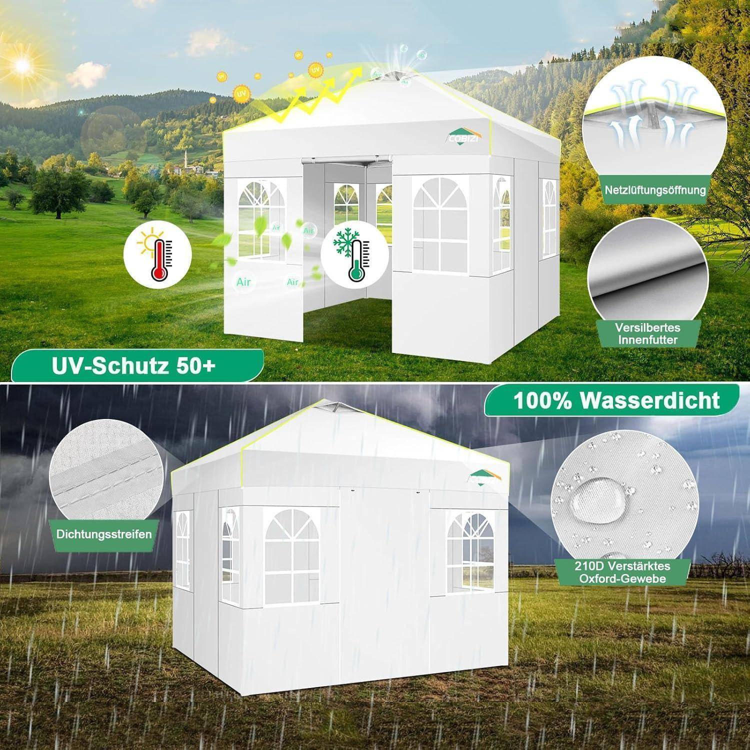 Werbegraphik eines weißen Outdoor-Markisenzelt mit UV-Schutz, Belüftung, verstärktem Futter, Wasserdichtheit, Dichtungsstreifen und 210D Oxford-Stoffmerkmalen.