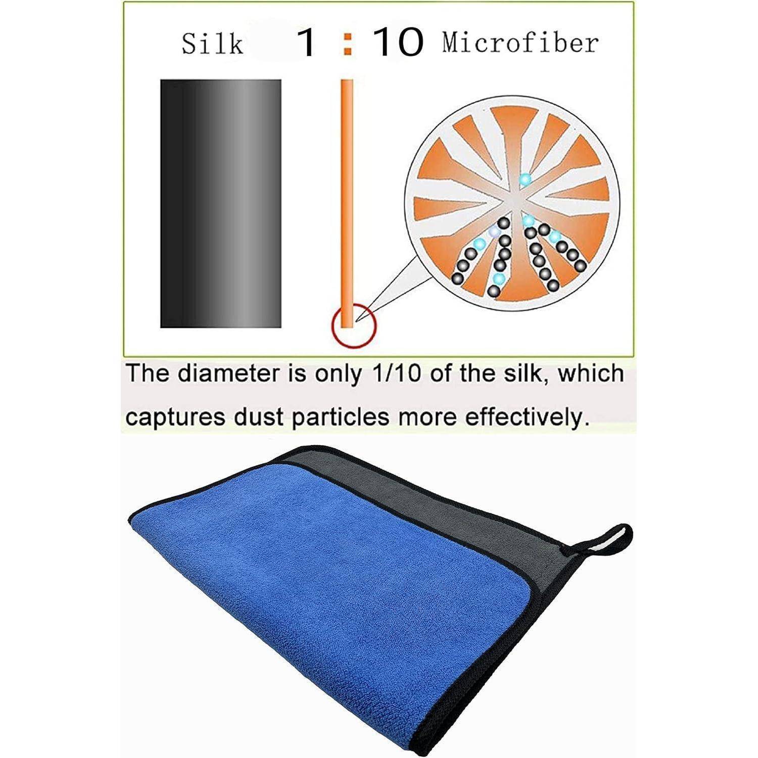 Illustration im Vergleich zwischen Seide und Mikrofaser: 'Seide 1:10 Mikrofaser'; vermerkt, dass der kleinere Durchmesser der Mikrofaser Staub effektiver aufnimmt, mit einem blauen Mikrofasertuch darunter abgebildet.