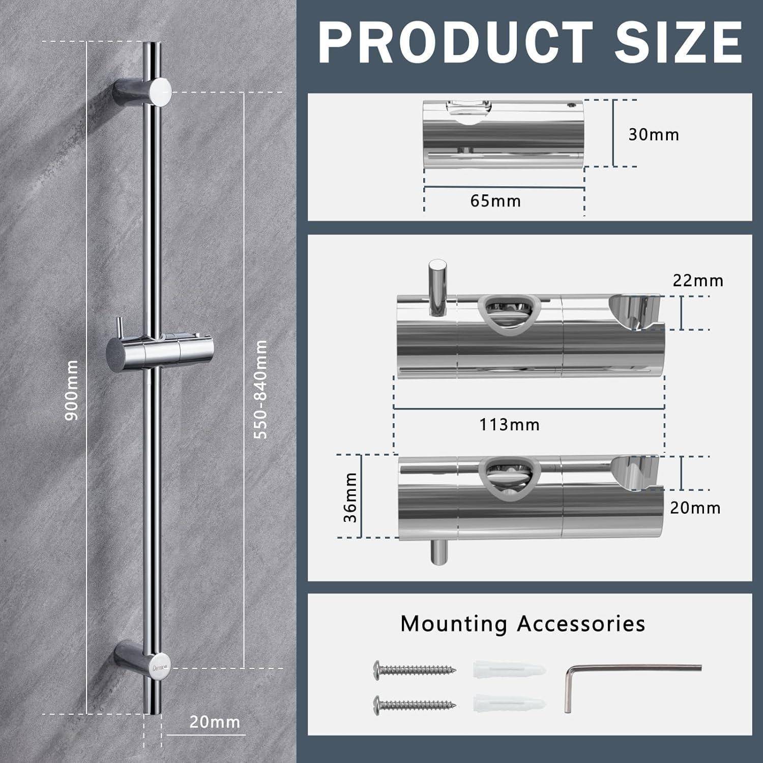 Duschstangenprodukt-Größendiagramm mit einem 900mm Stab, verstellbarem Halterabstand von 550-840mm, 20mm Durchmesser und mitgelieferten Montagezubehör.