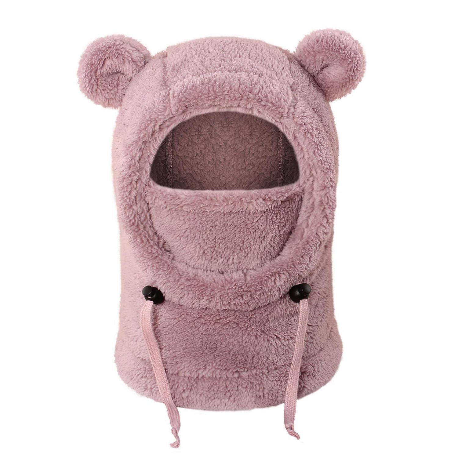 Rosa Plüsch-Kapuzenpullover für Haustiere mit Bärenohren, Gesichtsöffnung und Kordelzügen, gezeigt auf weißem Hintergrund.