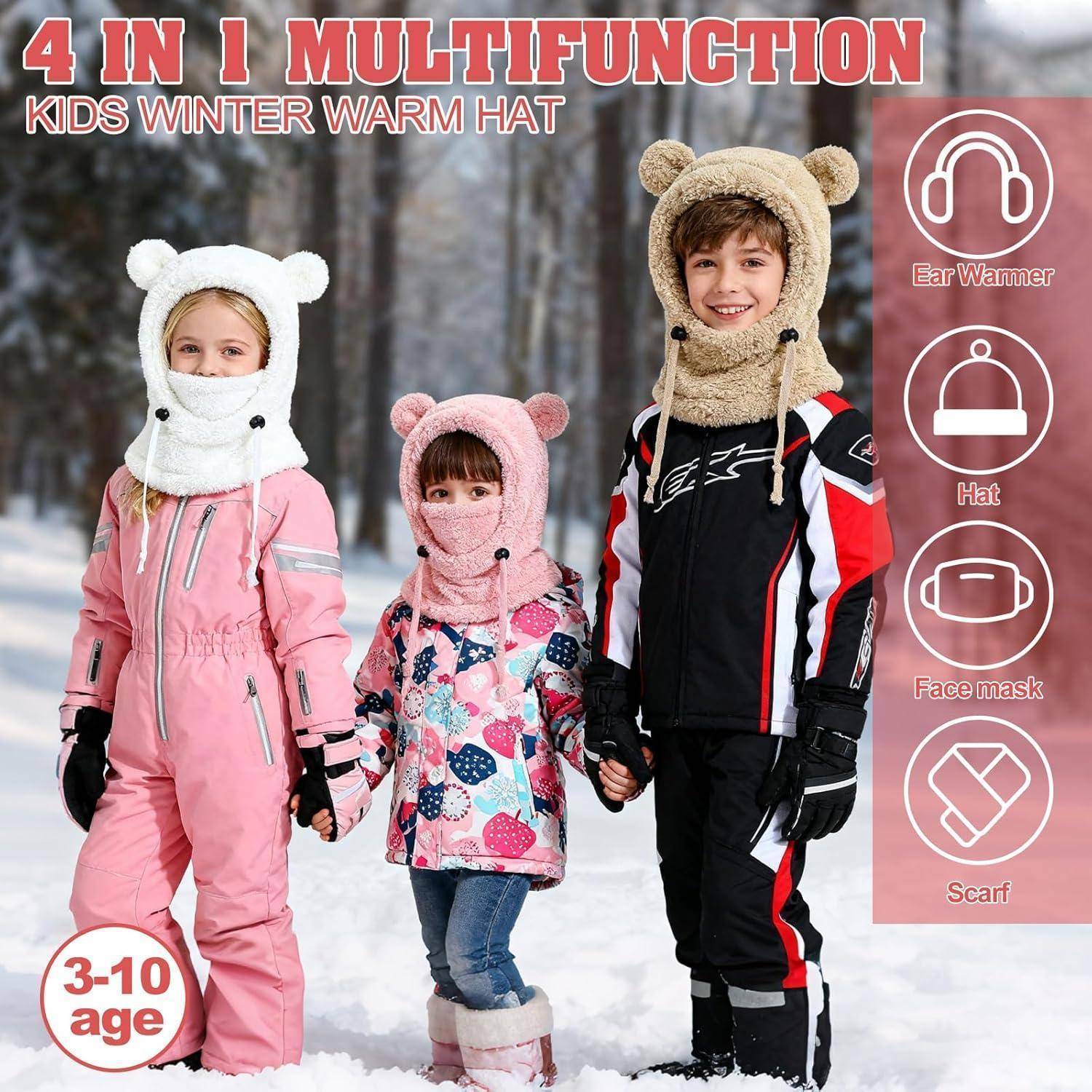 Werbebild von drei Kindern, die 4-in-1-Winterwärmemützen tragen, die als Ohrenwärmer, Mützen, Gesichtsmasken oder Schals verwendet werden können; gekennzeichnet für Alter 3-10 Jahre.