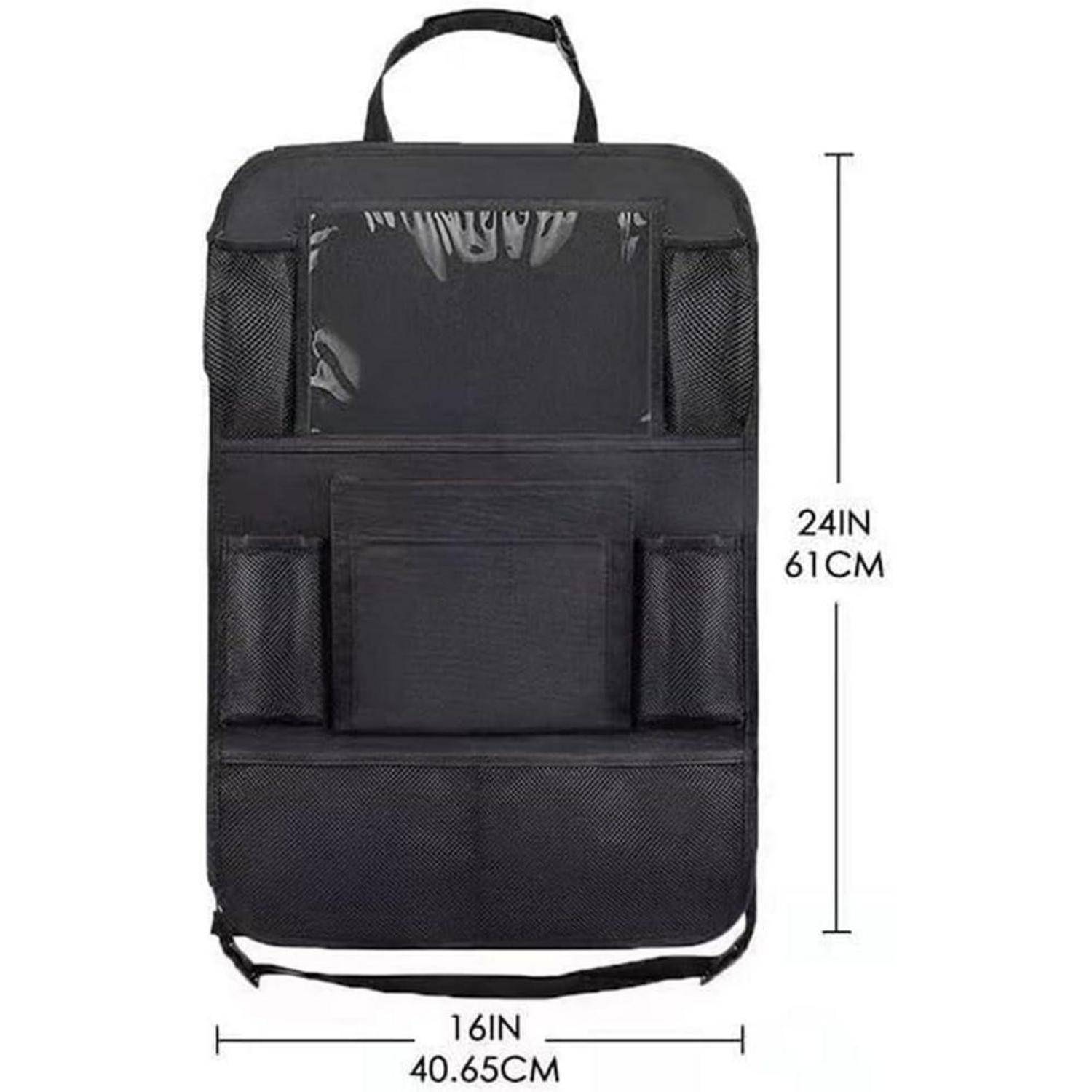 Schwarzer Autositz-Organizer zum Aufhängen mit Taschen und transparentem Tablet-Fenster, gezeigt mit Abmessungen von 24 Zoll x 16 Zoll (61 cm x 40,65 cm).