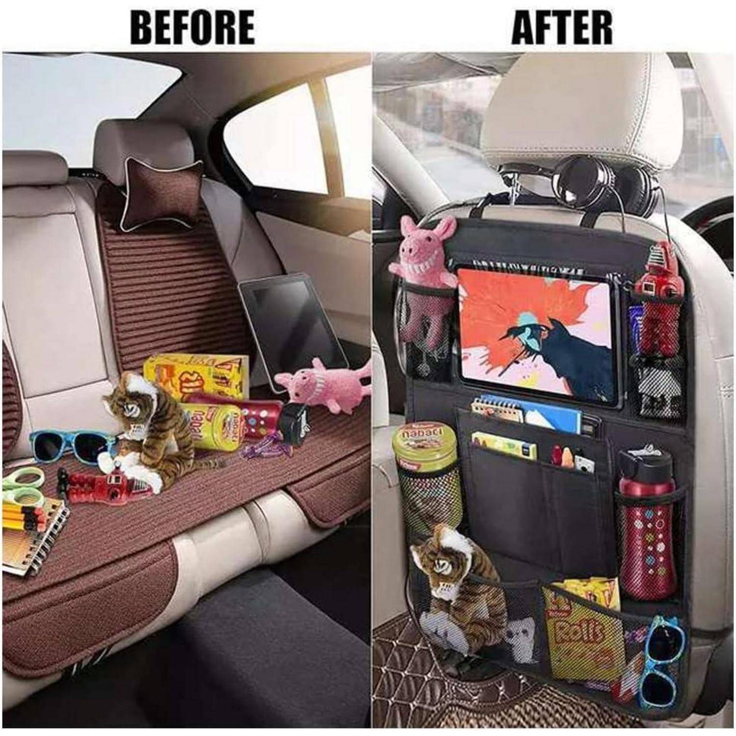 Vorher- und Nachher-Autositzorganizer: Unordentlicher Sitz verwandelt sich in ein hängendes Lagerpanel mit Taschen, die Spielzeug, Snacks, Tablet und Flaschen halten.