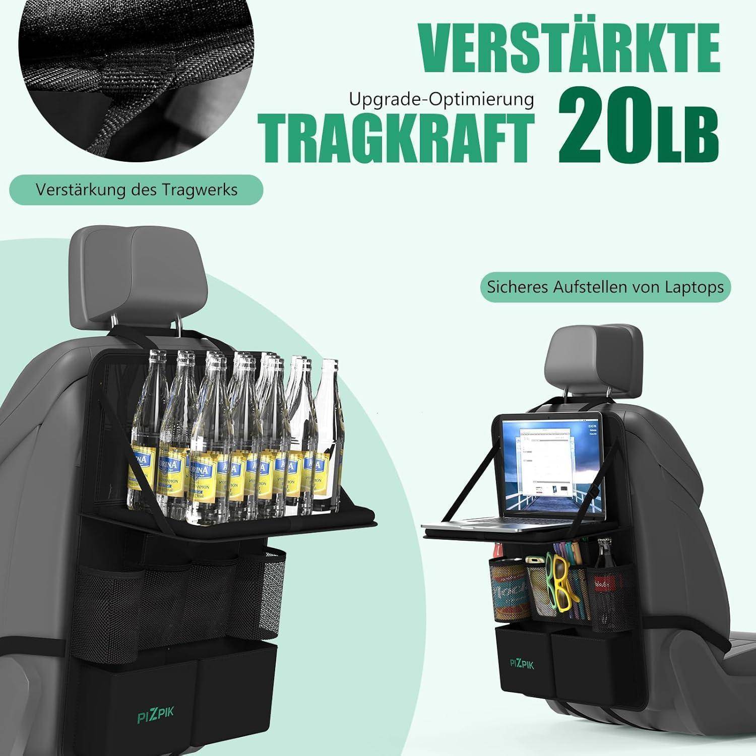 Werbegrafik für einen Autositzorganizer mit verstärkter Tragfähigkeit bis zu 20 Pfund, zeigt Flaschenablage und eine stabile Laptop-Plattform.
