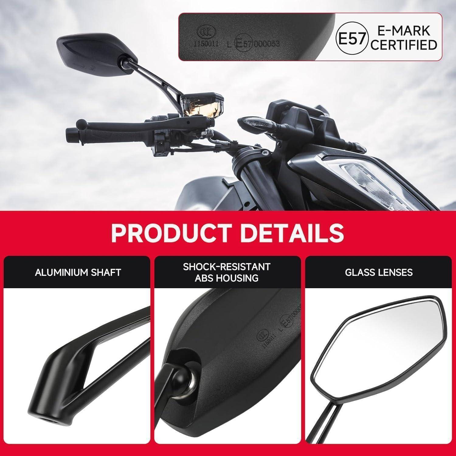 Werbebild eines Motorradspiegels mit E57-E-Kennzeichen-Zertifizierung und Produktdetails: Aluminiumschaft, stoßfestes ABS-Gehäuse und Glasklinsen.