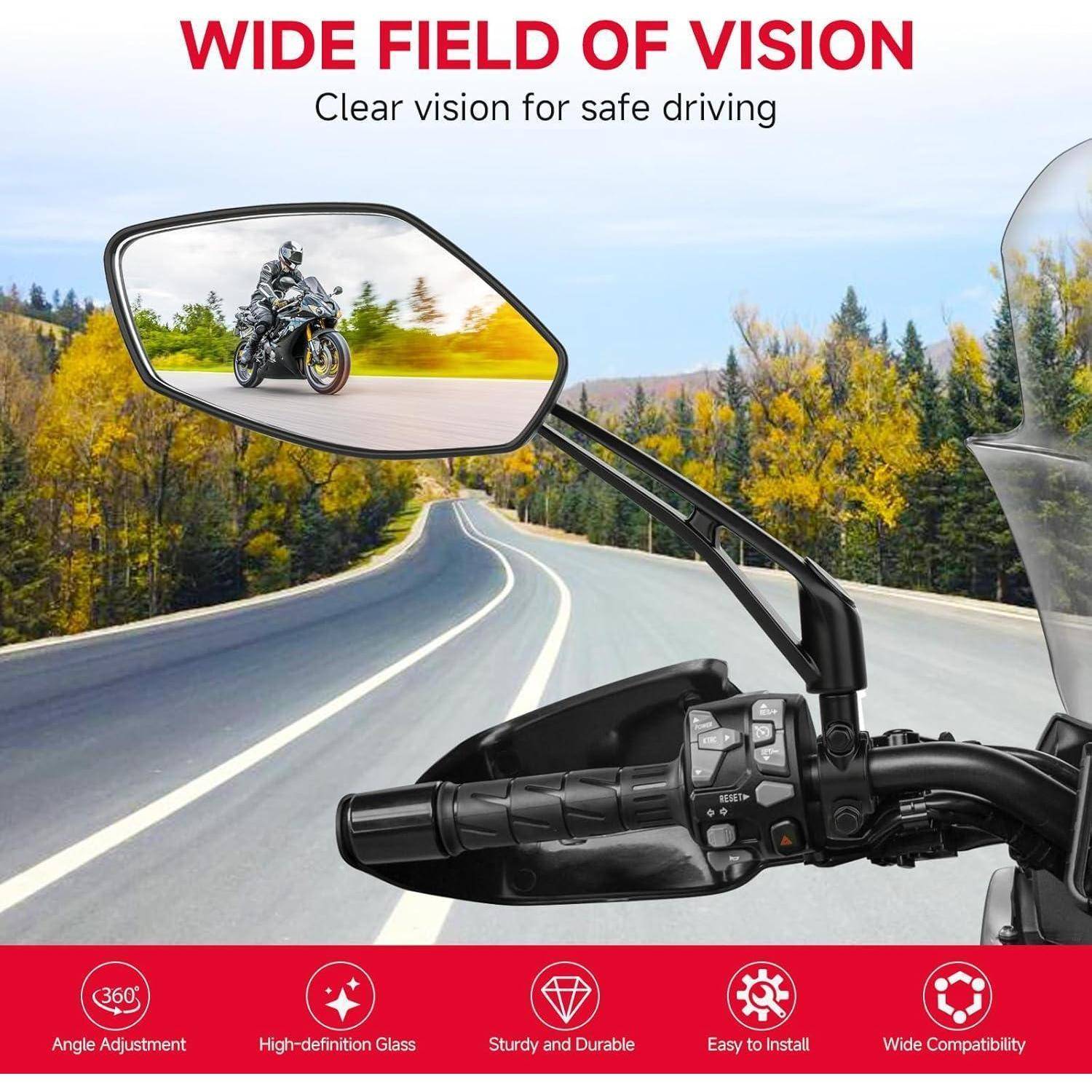 Motorrad-Spiegeladvertisement, das einen Fahrer auf einer kurvigen Straße gespiegelt zeigt, mit dem Text „BREITES SICHTFELD