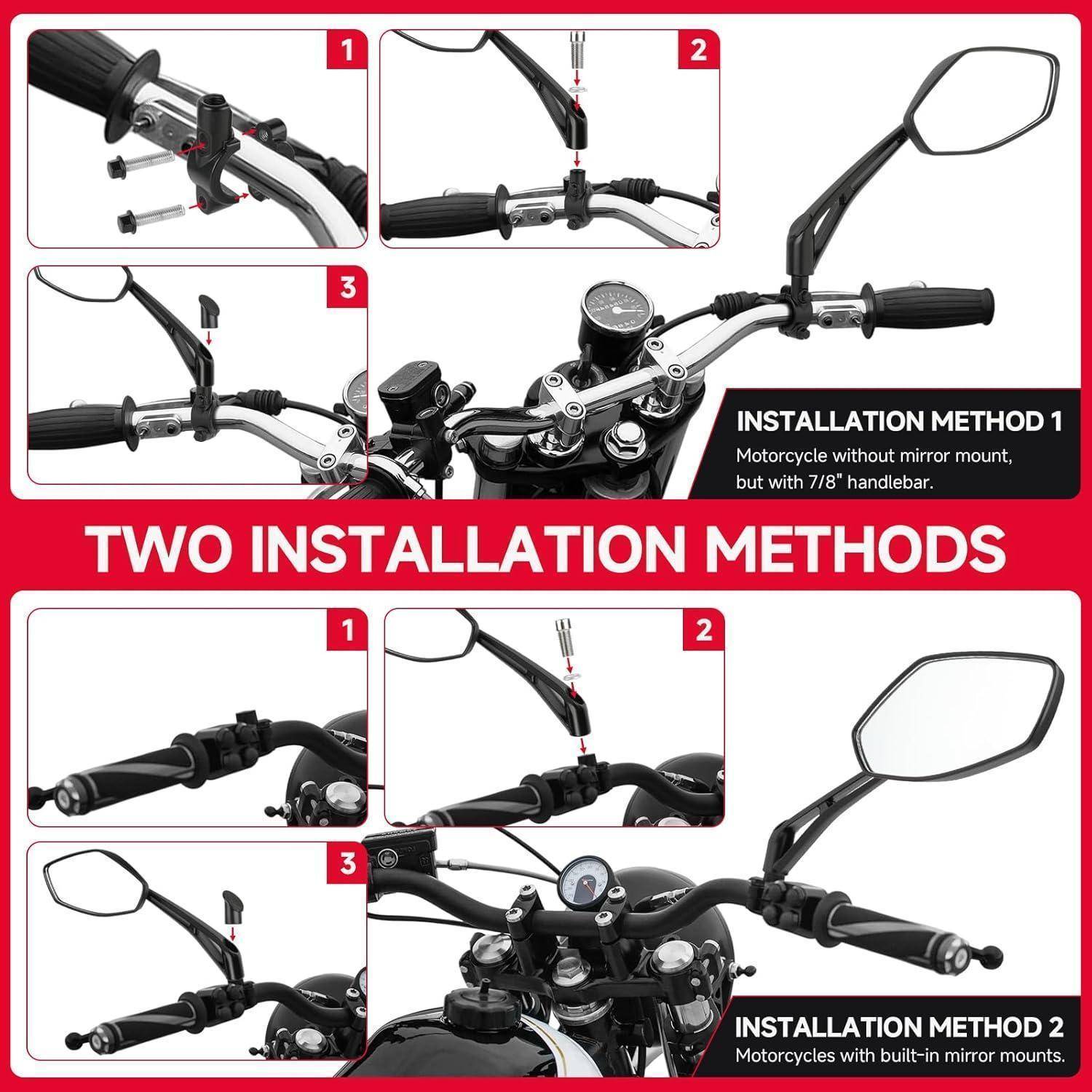 Anleitung mit Grafiken, die zwei Methoden zur Montage eines Motorradspiegels zeigen: Methode 1 für eine Spiegelbefestigung mit 7/8-Zoll-Lenker und Methode 2 für einen Motorrad-Lenkerstab-Spiegel, jeweils mit schrittweisen Bildern.