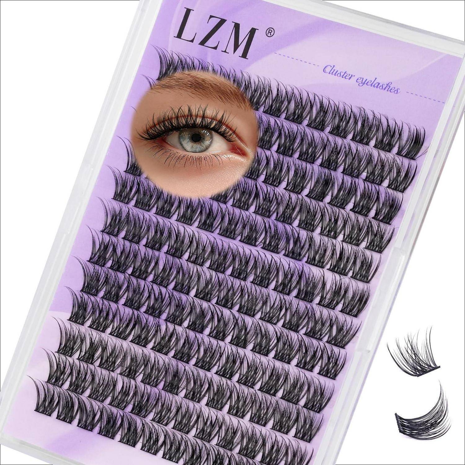 Packung mit LZM-Wimpernbüscheln mit mehreren Reihen von künstlichen Wimpernbüscheln und ein Musterauge, das die aufgetragene Optik zeigt.