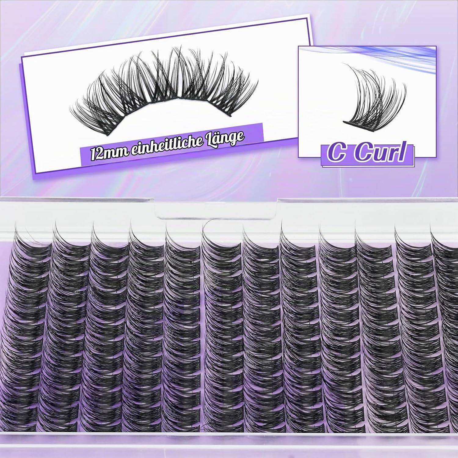 Fach mit künstlichen Wimpern, das dichte schwarze Wimpern zeigt; eingefügte Beschriftungen lesen „12 mm einheitliche Länge