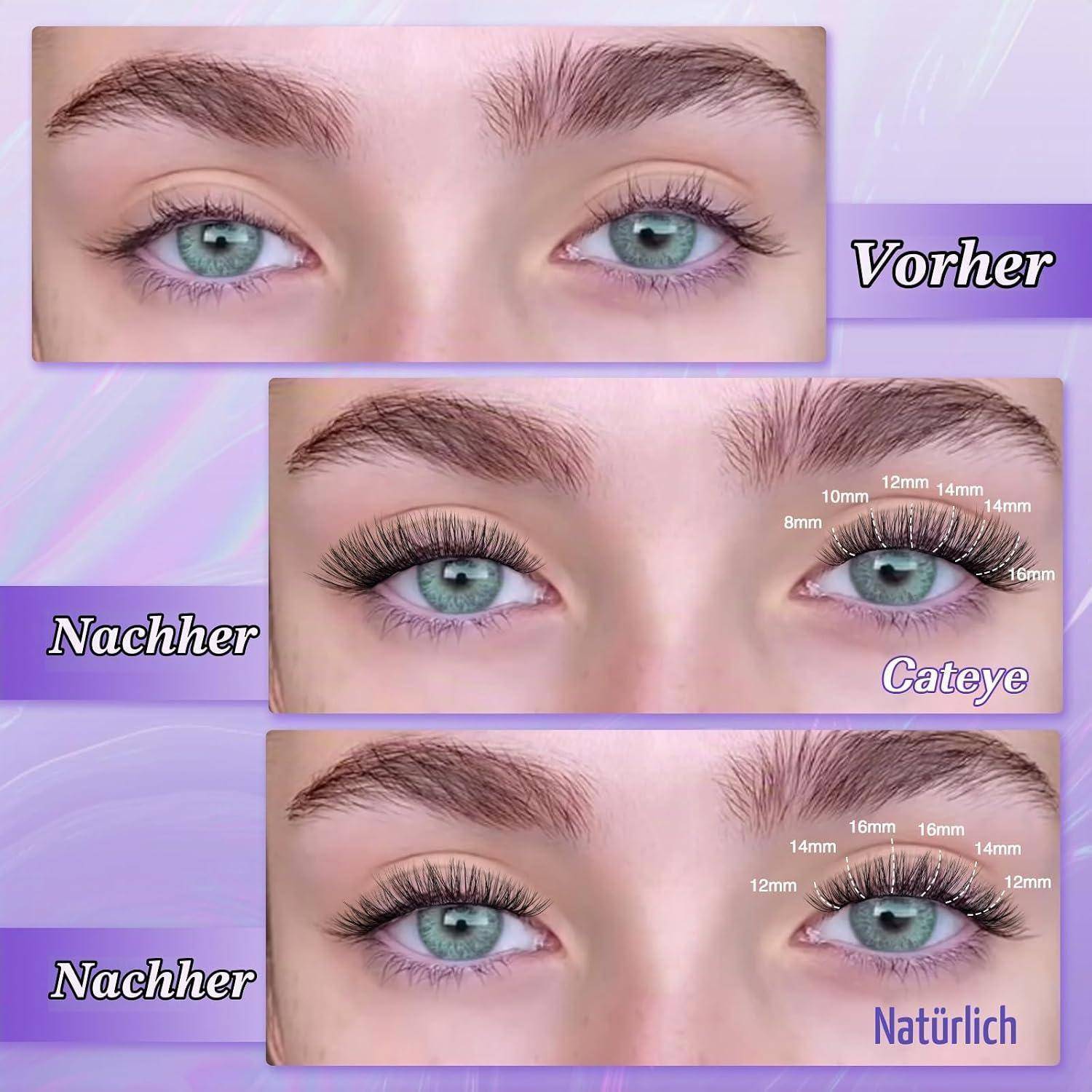 Vorher-und-Nachher-Nahaufnahmen von blauen Augen, die Ergebnisse von Wimpernverlängerungen zeigen, mit den Beschriftungen „Vorher