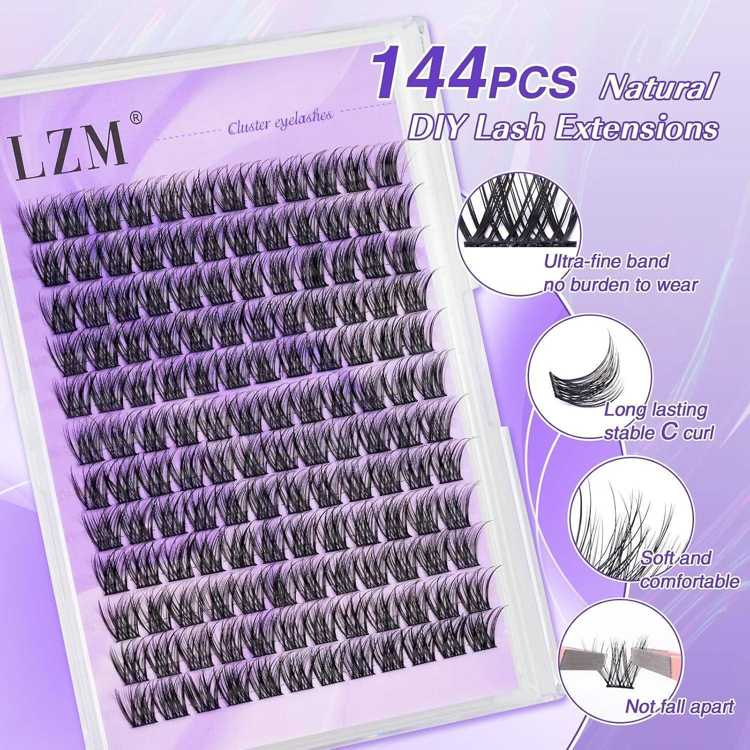 Lila Produktanzeige für LZM 144er natürliche DIY-Wimpernverlängerungen, zeigt ein Tablett mit Cluster-Wimpern und Hinweise auf ultrafeines Band, C-Curl, weiches Tragekomfort und langlebiges, nicht auseinanderfallbares Design.