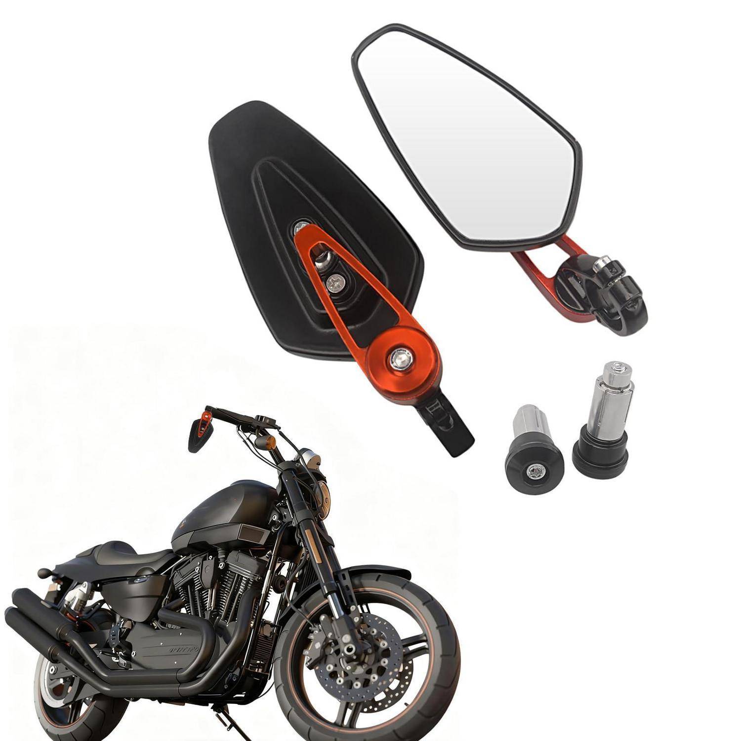 Motorrad-Seitenspiegel-Set mit schwarzem Spiegel, orangem Arm, Montagezubehör und einem Motorrad, das unten als bestimmungsgemäße Verwendung gezeigt wird.