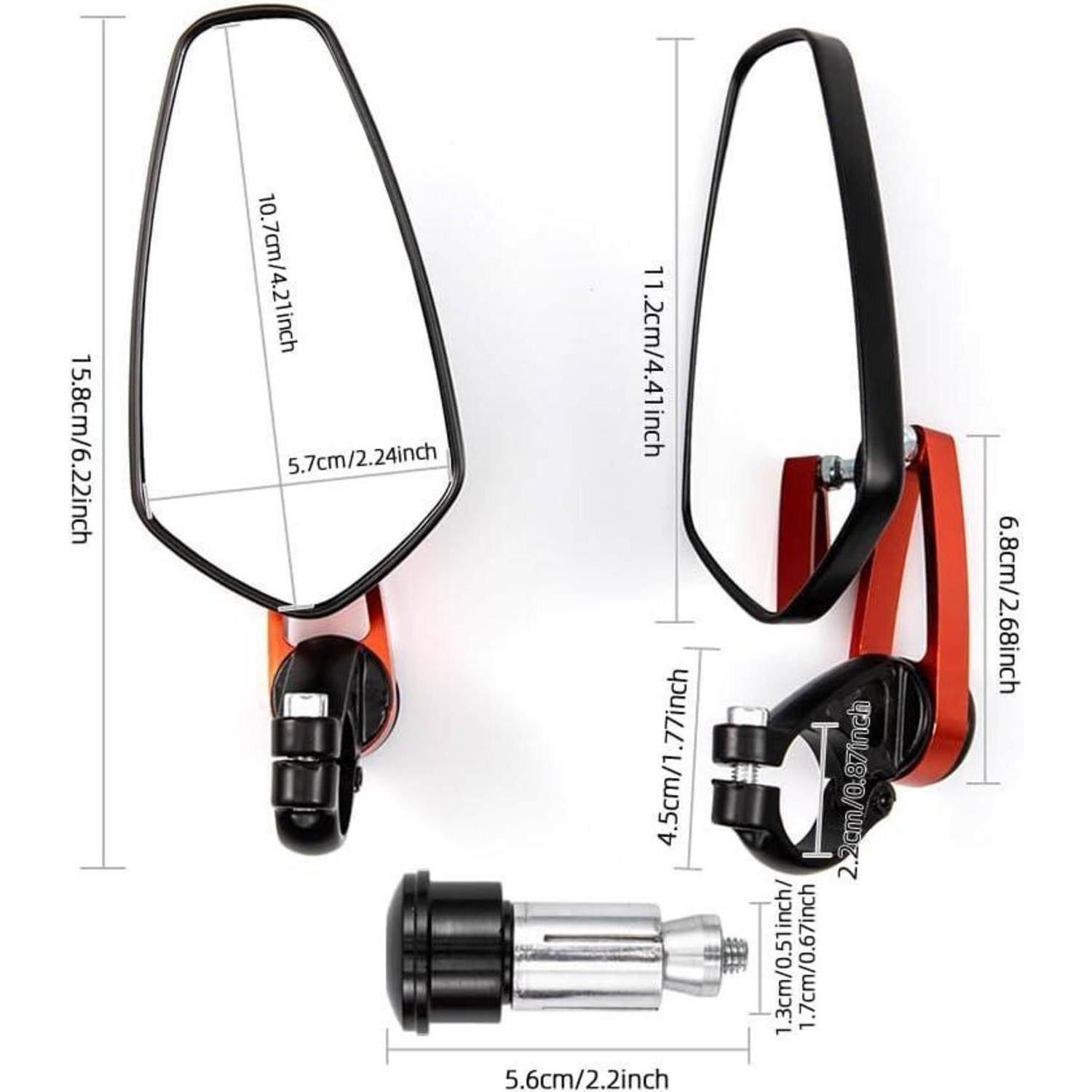 # Produktdiagramm eines Motorradspiegels mit Abmessungen in Zoll und Zentimetern, mit Vorder-, Seiten- und Montageansichten.