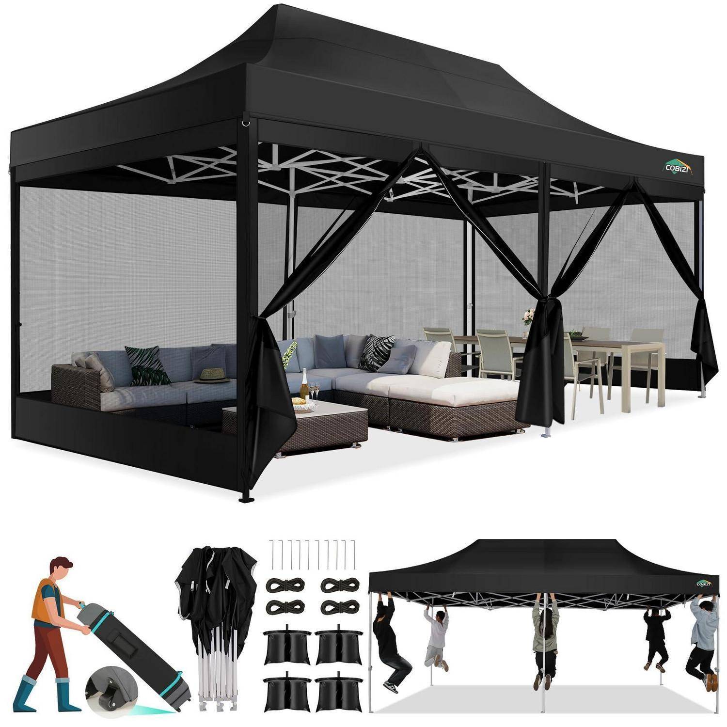Schwarzes Outdoor-Pavillon-Zelt mit Maschengitter-Seitenwänden, Vorhängen und Terrassenmöbeln, gezeigt mit Tragetasche, Teilen und Personen, die daran hängen, um Aufbau und Stabilität zu demonstrieren.