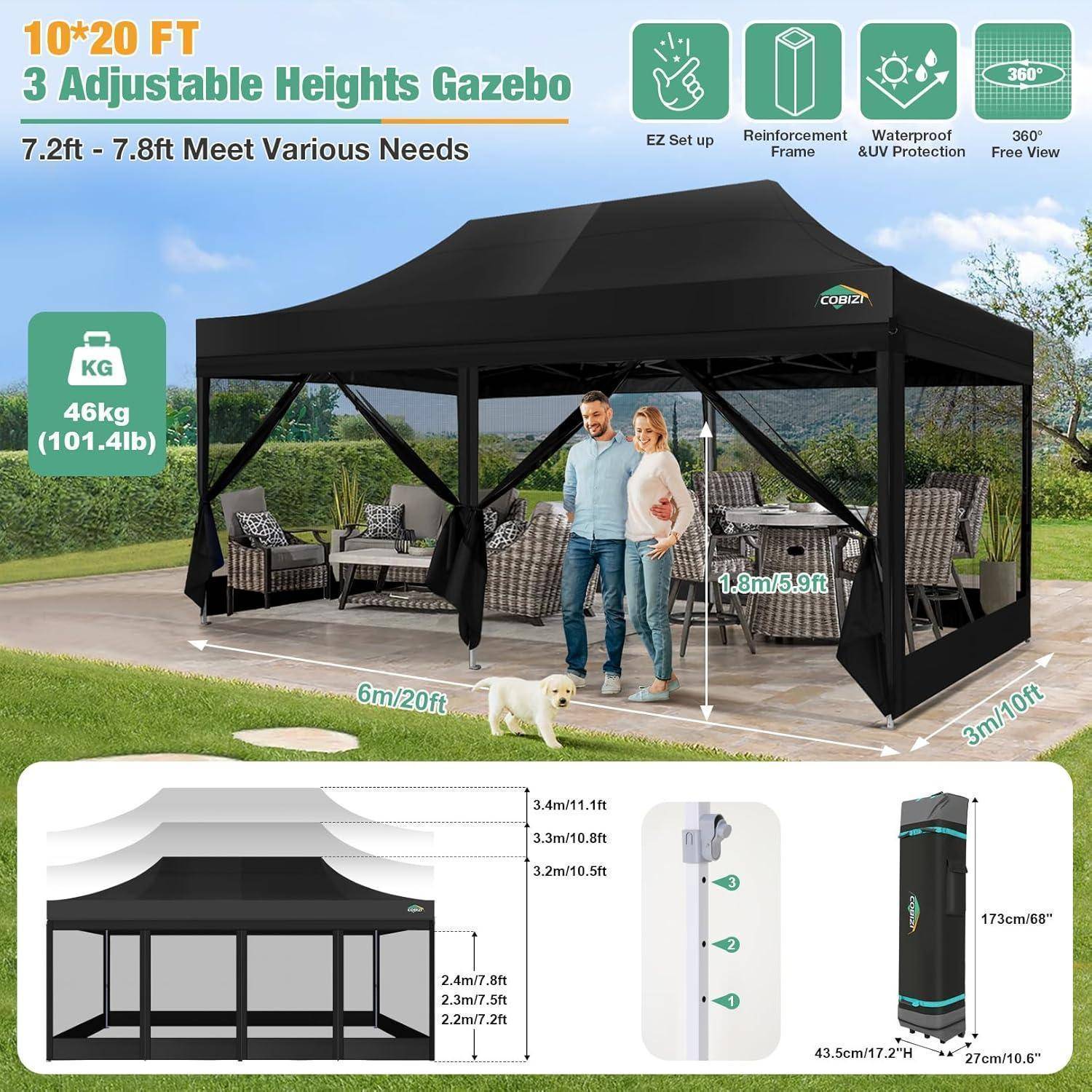10x20 ft Pavillon mit verstellbarer Höhe, schwarzem Dach, Seitengardinen und angegebenen Abmessungen; bietet Symbole für einfache Montage, verstärktem Rahmen, wasserdichtem UV-Schutz und 360-Grad-Ansicht.