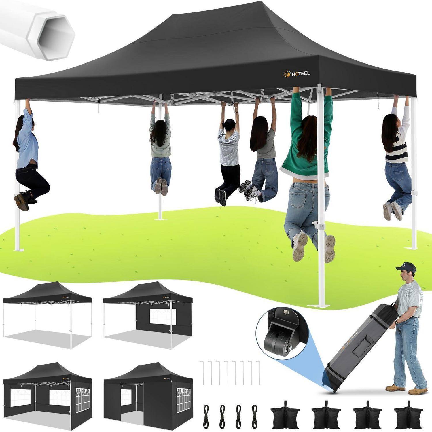 Produktabbildung eines schwarzen Popup-Pavillon-Zelts, das zusammengebaut und im Einsatz gezeigt wird, mit hängenden Personen, Paneelen, Tragetasche, Heringen und Gewichten im Lieferumfang enthalten.