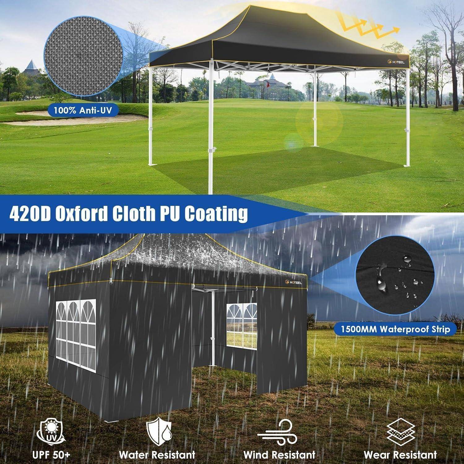 Werbebild eines schwarzen Outdoor-Gazebo-Zelts mit UV-Schutz, wasserdichtem Streifen und Beständigkeit gegen Wetter und Verschleiß mit beschrifteten Nahaufnahmen des Stoffes.