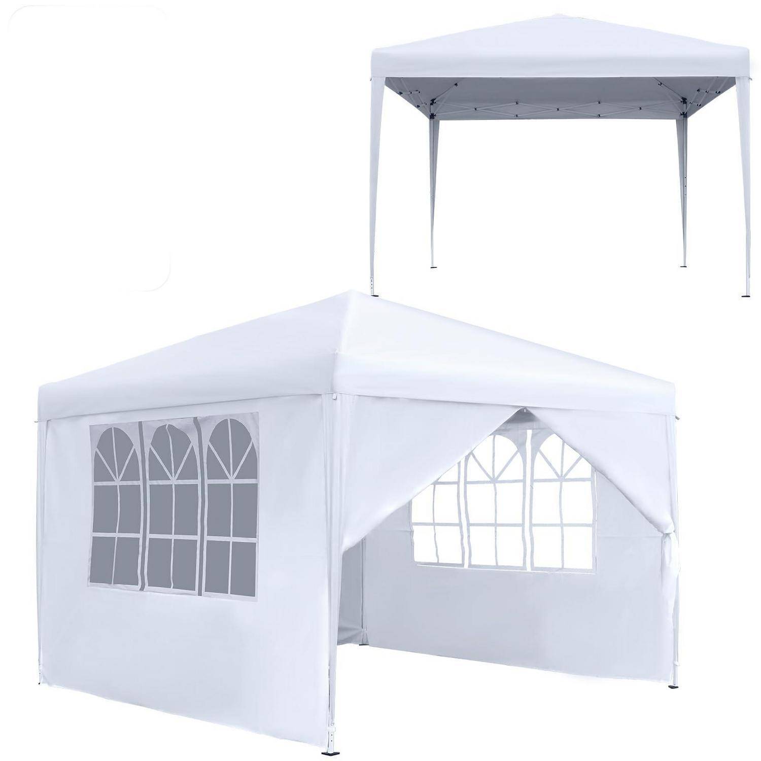 Weißes Pop-up-Baldachindach mit abnehmbaren Seitenwänden und gewölbten Fensterpaneelen, zusammengebaut dargestellt mit separatem Dachgestell in der Einfügung oben.