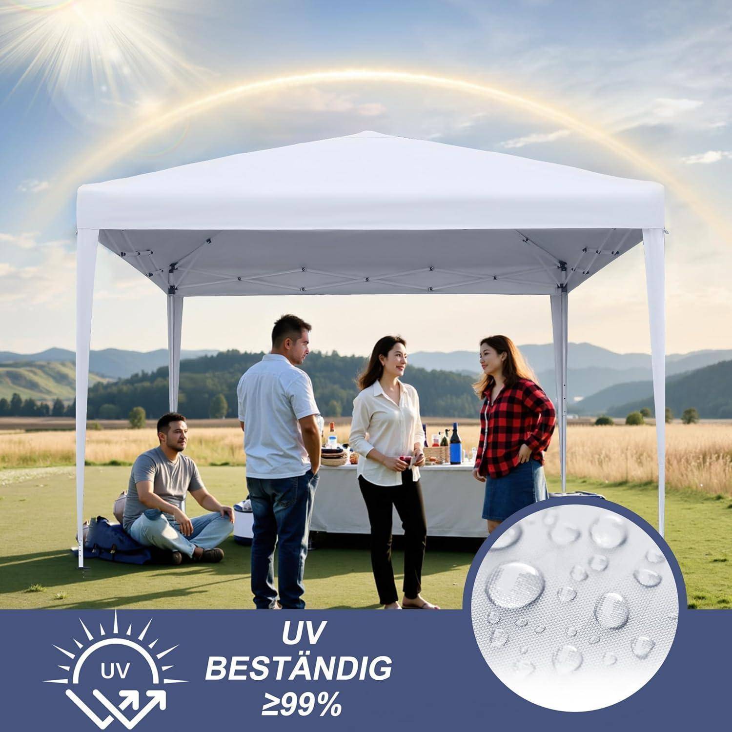 Outdoor-Party unter einem weißen Baldachindach in heller Sonne, mit Menschen, die neben einem Tisch versammelt sind; Grafik hebt UV-Beständigkeit und wasserfestes Gewebe hervor 'UV BESTÄNDIG ≥99%