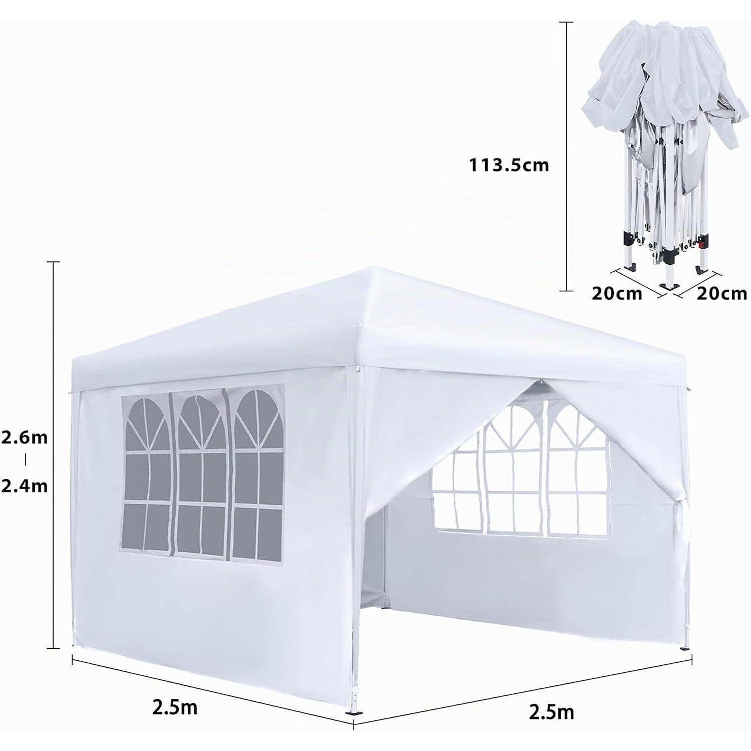 Weiß 2,5 m x 2,5 m Pop-up-Markisenzelt mit Spitzdach, seitlichen und vorderen Fensterpaneelen, Höhe 2,4–2,6 m und zusammengeklappte Größe von 113,5 cm Höhe mal 20 cm Quadrat.