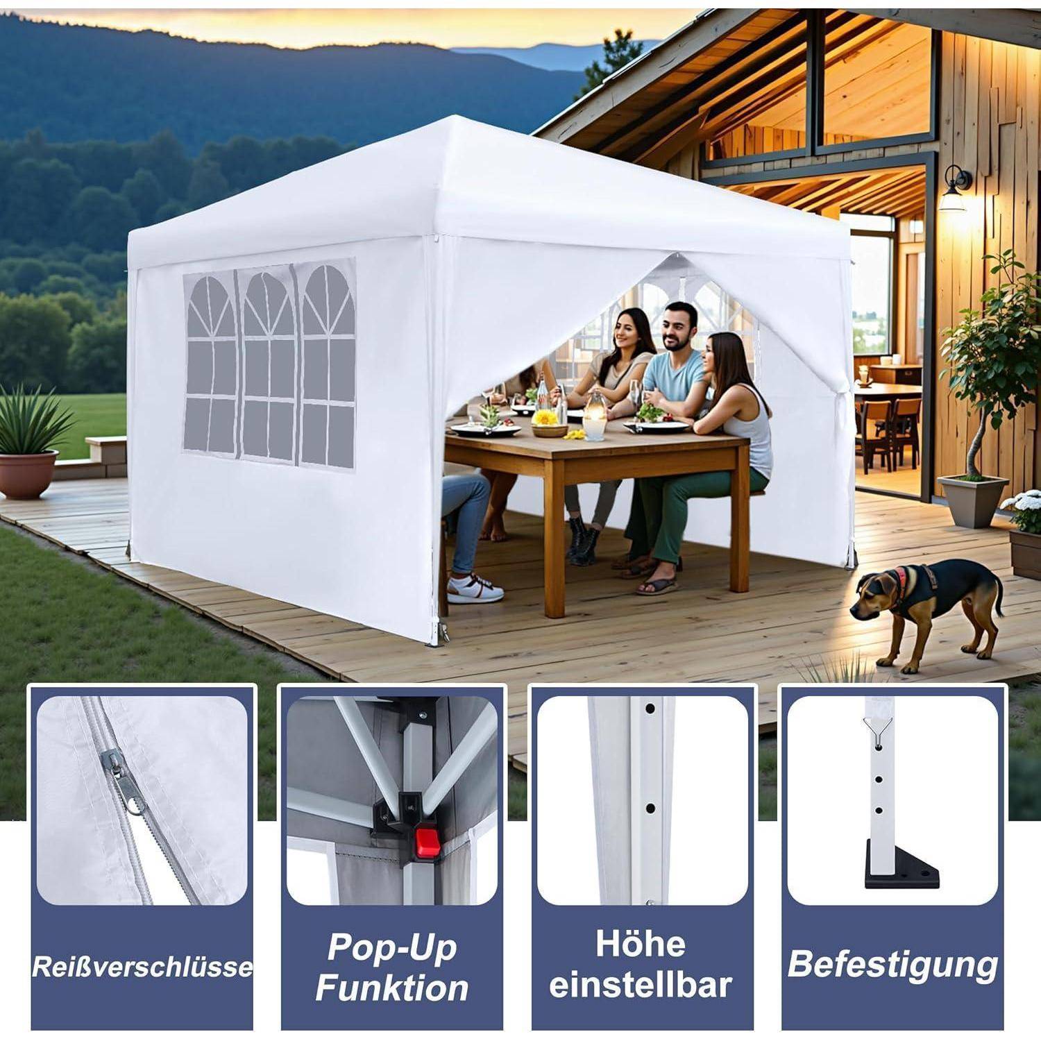 Weißes Pop-up-Außenmarkisenzelt mit seitlichen Fensterplatten, unter dem drei Menschen auf einer Terrasse neben einem Haus bei Sonnenuntergang speisen; eingefügte Beschriftungen zeigen Reißverschlussschluss, Pop-up-Rahmen, verstellbare Höhe und Befestigungsunterstützung.