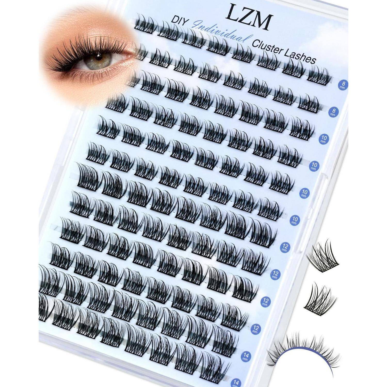 LZM DIY Individuelle Wimpernbüschel-Set mit mehreren künstlichen Wimpernbüscheln in verschiedenen Längen, dargestellt auf einem Präsentationstablett mit Augenbeispiel.