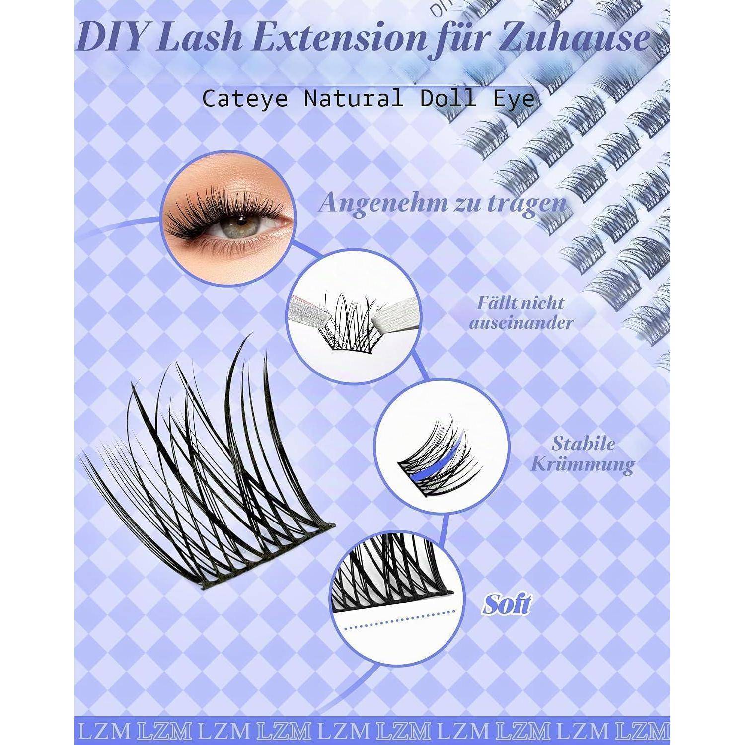 Deutsches Wimpernverlängerungs-Produkt-Poster mit Cat-Eye, natürlichen und Puppen-Augen-Wimpern, mit Nahaufnahme des Auges und Funktionsanmerkungs-Callouts: bequem, nicht ausfallend, stabiler Schwung, weich.