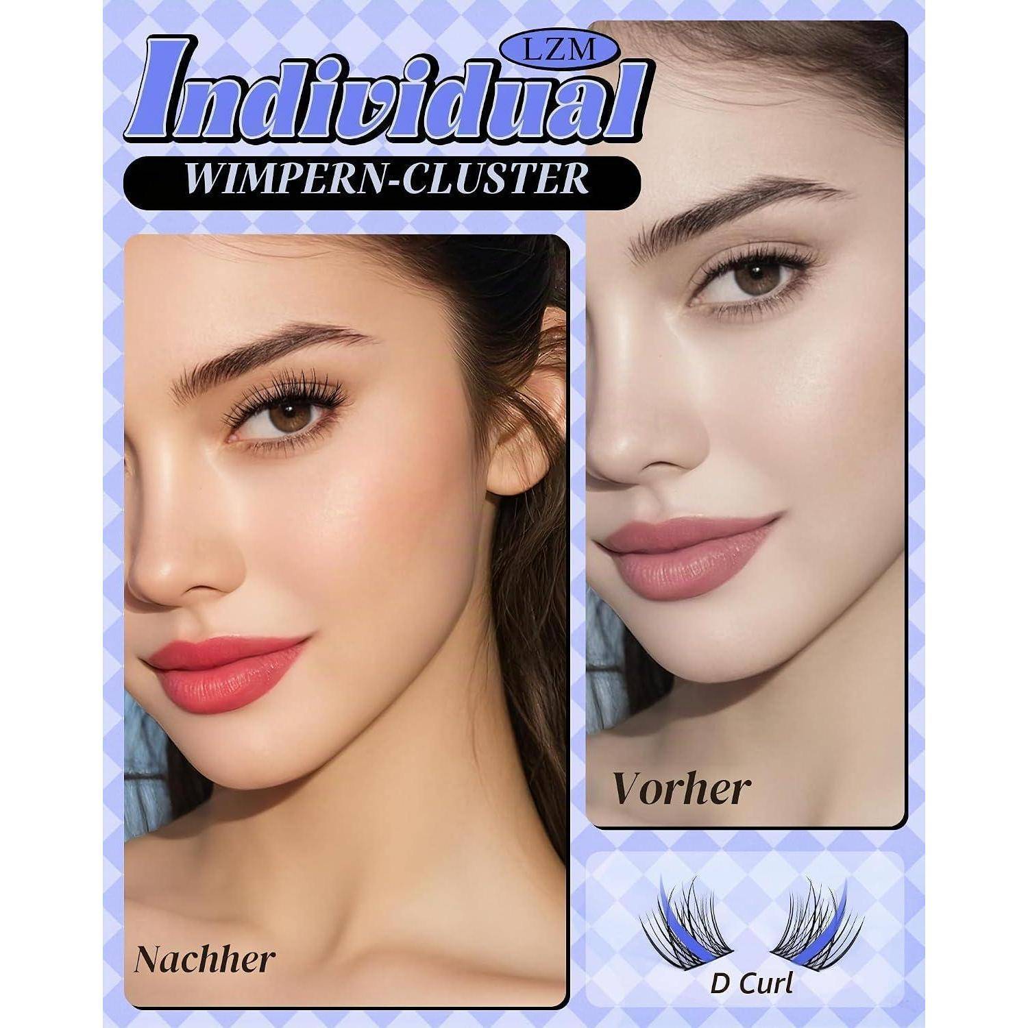 Werbefoto mit Vorher- und Nachher-Vergleich einer Frau, die 'Individual Wimpern-Cluster' künstliche Wimpern trägt, mit 'Vorher' und 'Nachher' Beschriftungen und einem D-Curl-Wimpern-Symbol.