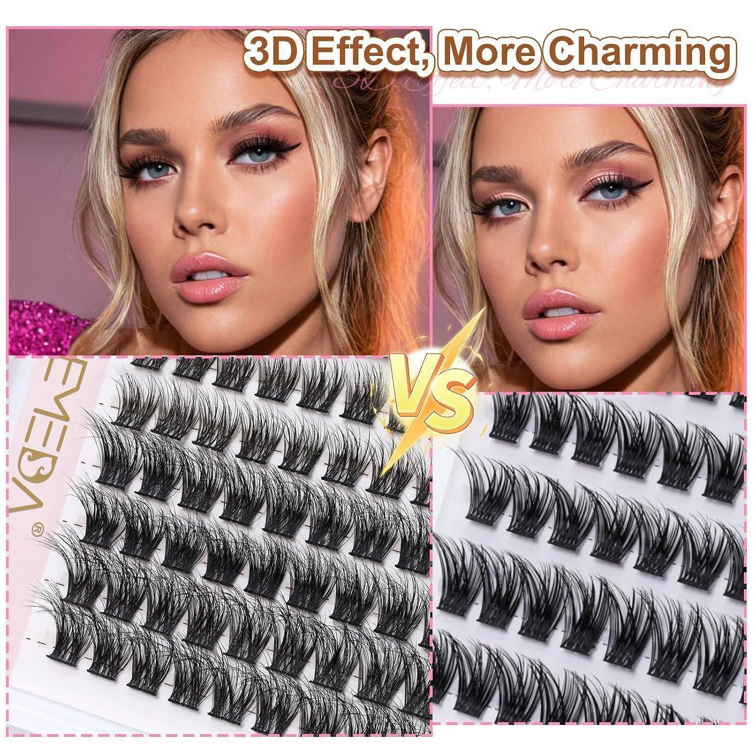 Werbe-Vorher-Nachher-Collage zum Vergleich von 3D-Wimpernverlängerungen: zwei Nahaufnahmen von Porträts oben und zwei Ansichten von Wimpernpaletten unten, mit dem Text 