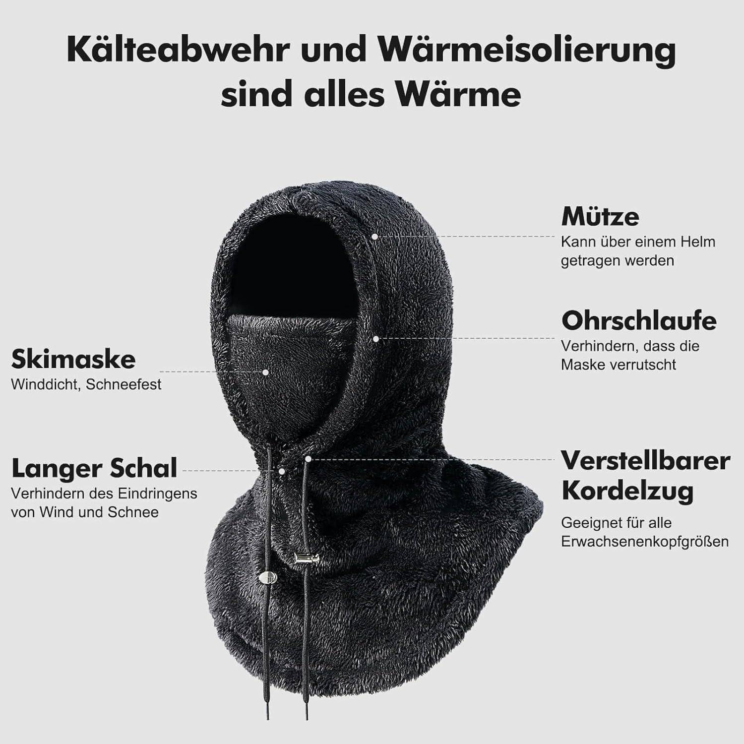 Schwarze Fleece-Kapuze und Halsschutz mit Etiketten, die eine winddichte Gesichtsmaske, einen langen Schal, eine Mütze, Ohrschlaufen und eine verstellbare Zugschnur für den Kälteschutz zeigen.