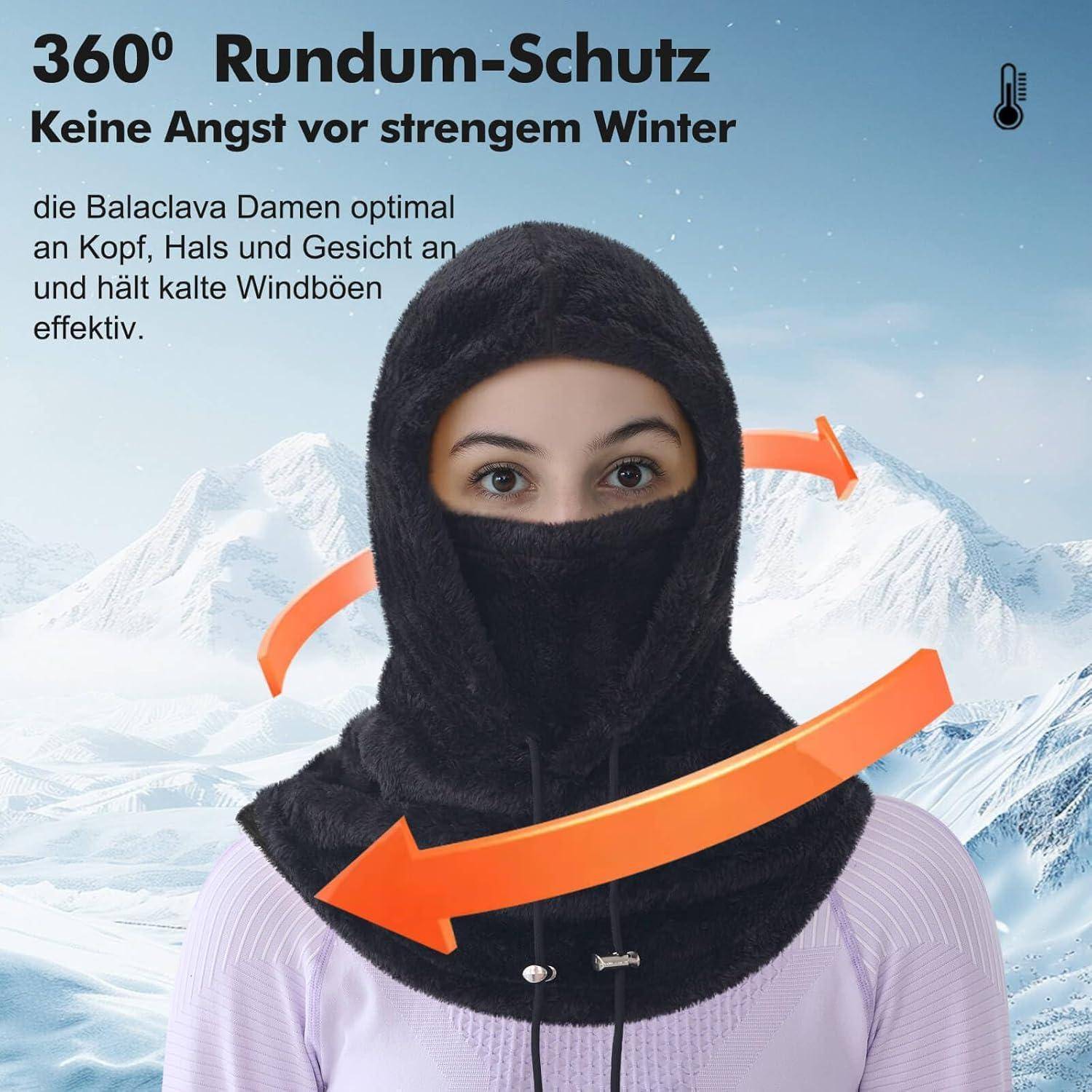 Frau mit schwarzer Sturmhaube in verschneiten Bergen, mit Pfeilen, die 360°-Windschutz gegen kaltes Winterwetter zeigen.