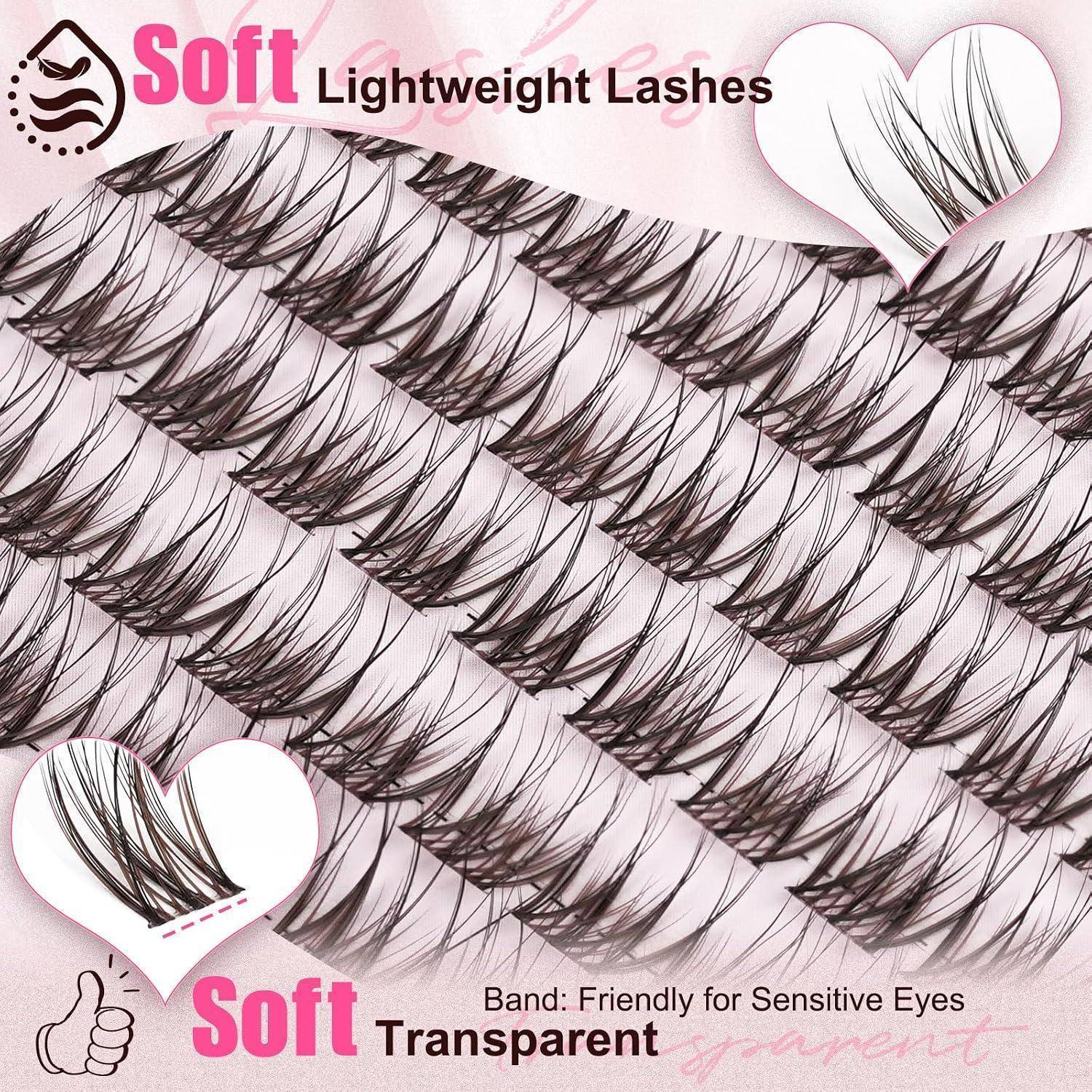 Werbebild von weichen, leichten künstlichen Wimpern in mehreren Reihen mit der Aufschrift „Soft Lightweight Lashes