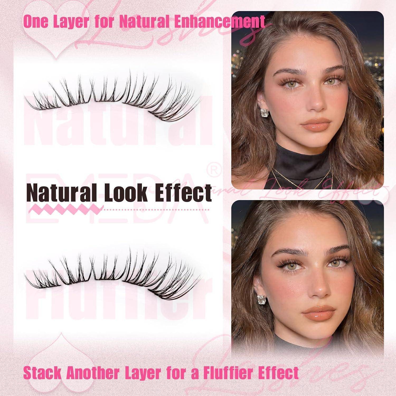 Werbegrafik für Wimpern, die eine Schicht für natürliche Verbesserung und gestapelte Schichten für einen flauschigeren Effekt zeigt, mit Vorher-Nachher-Fotos des Modells auf der rechten Seite.
