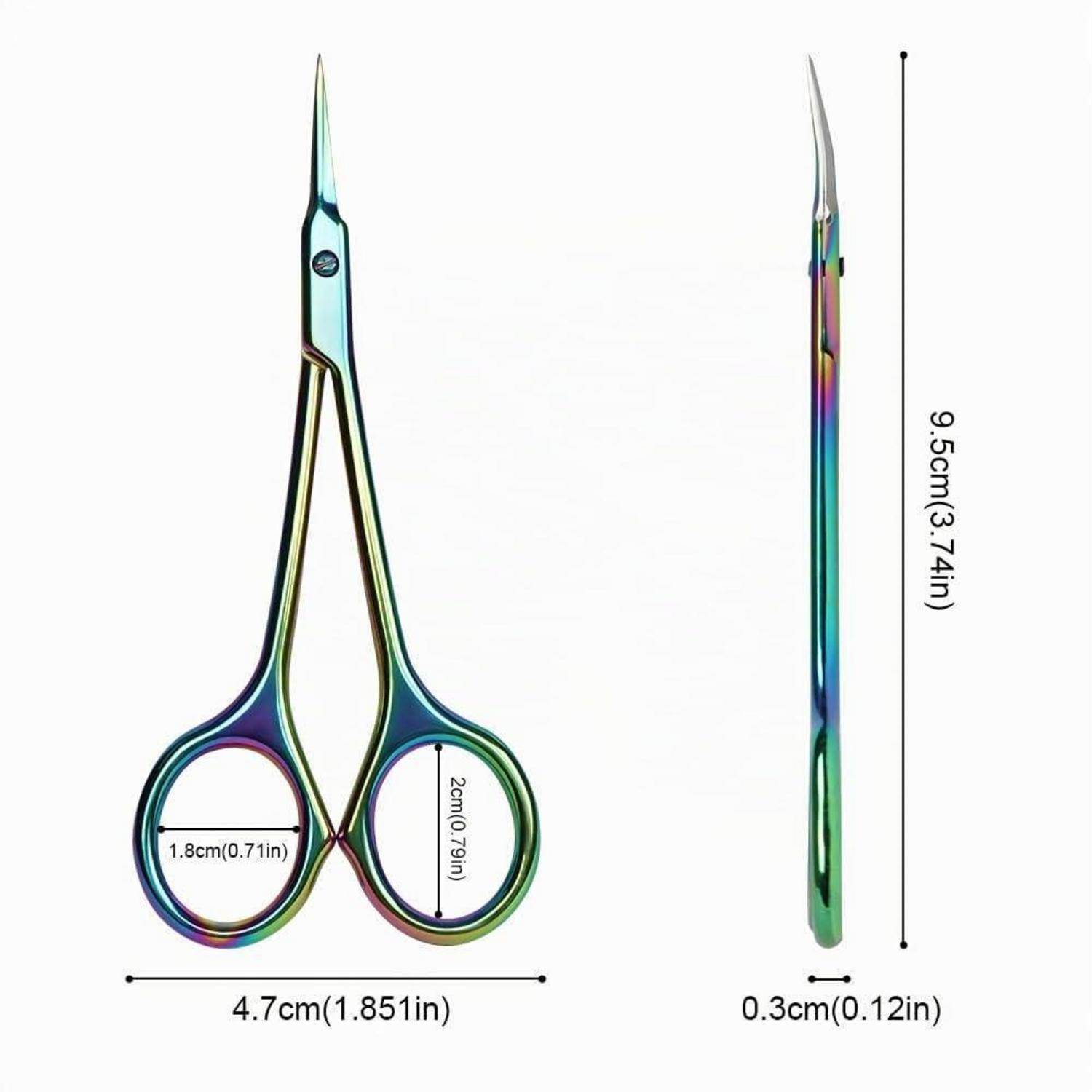 Bunte schillernde Spitzschere in Frontal- und Seitenansicht mit Abmessungen: 9,5 cm lang, 4,7 cm breit, 0,3 cm dick.