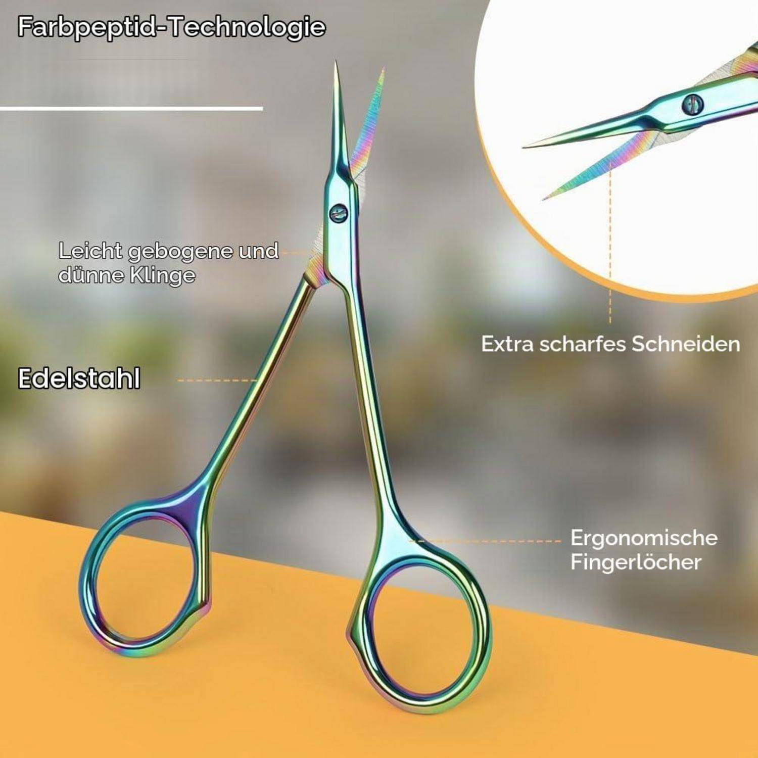 Illustration von Nagelschere aus regenbogenbeschichtetem Edelstahl mit ergonomischen Fingerlöchern und leicht gebogener, dünner Klinge für extra scharfes Schneiden.