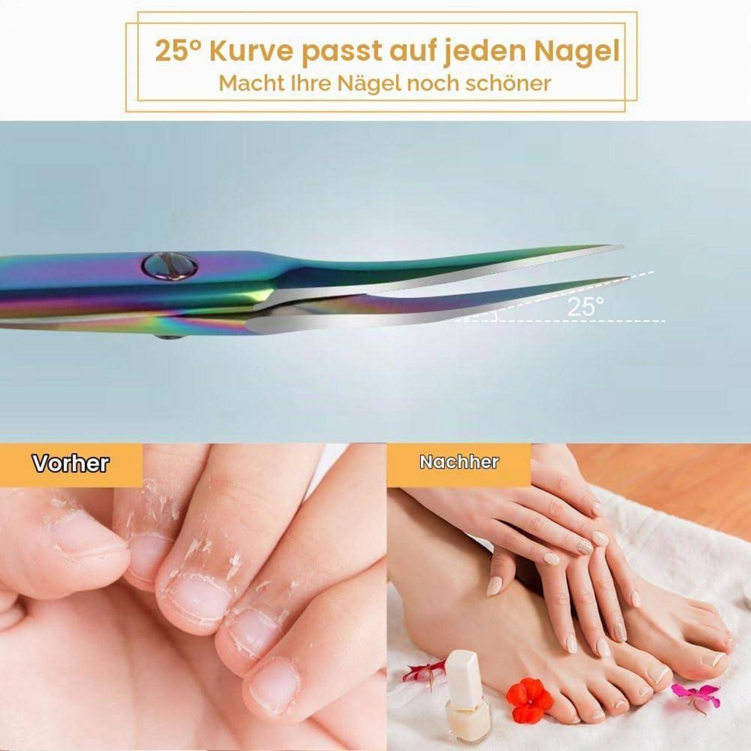 Werbenagelknipser mit 25° gekrümmten Klingen, gekennzeichnet mit „Vorher